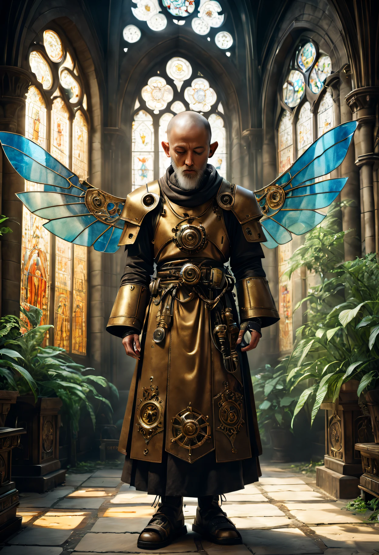 (Best quality at best,4K,8K,A high resolution,tmasterpiece:1.2),ultra - detailed,(actual,realisticlying,Photorealistic:1.37),Medieval monastery，steampunk robot monk，(Traditional robe and headscarf)，Pray quietly，Light flows through stained glass windows，religious art style, 。ancient stone floor，Lush plants，Calm and peaceful environment，Steampunk machinery and gears，The carving process is complex，(Robot monk with mechanical wings on his shoulderetal surfaces，warm gold color palette，The future meets the Middle Ages，Harmony between technology and spirit。