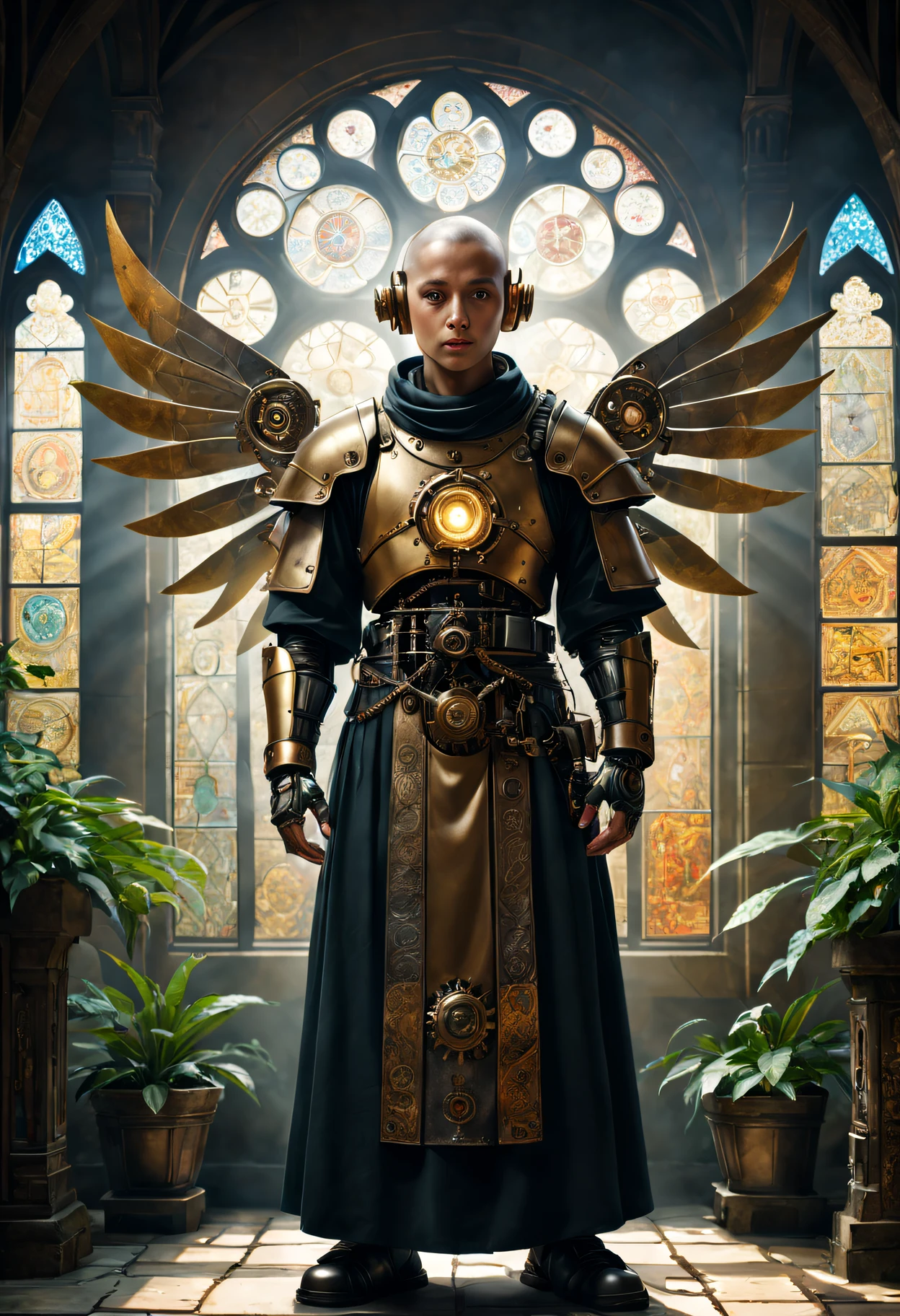 Medieval monastery，steampunk robot monk，(Traditional robe and headscarf)，Pray quietly，Light flows through stained glass windows，religious art style, 。ancient stone floor，Lush plants，Calm and peaceful environment，Steampunk machinery and gears，The carving process is complex，(Robot monk with mechanical wings on his shoulderetal surfaces，warm gold color palette，The future meets the Middle Ages，Harmony between technology and spirit。(Best quality at best,4K,8K,A high resolution,tmasterpiece:1.2),ultra - detailed,(actual,realisticlying,Photorealistic:1.37).