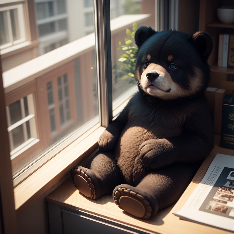 Title " tack for senast". Bear sitting in window dreaming away. Thinking of a dear friend