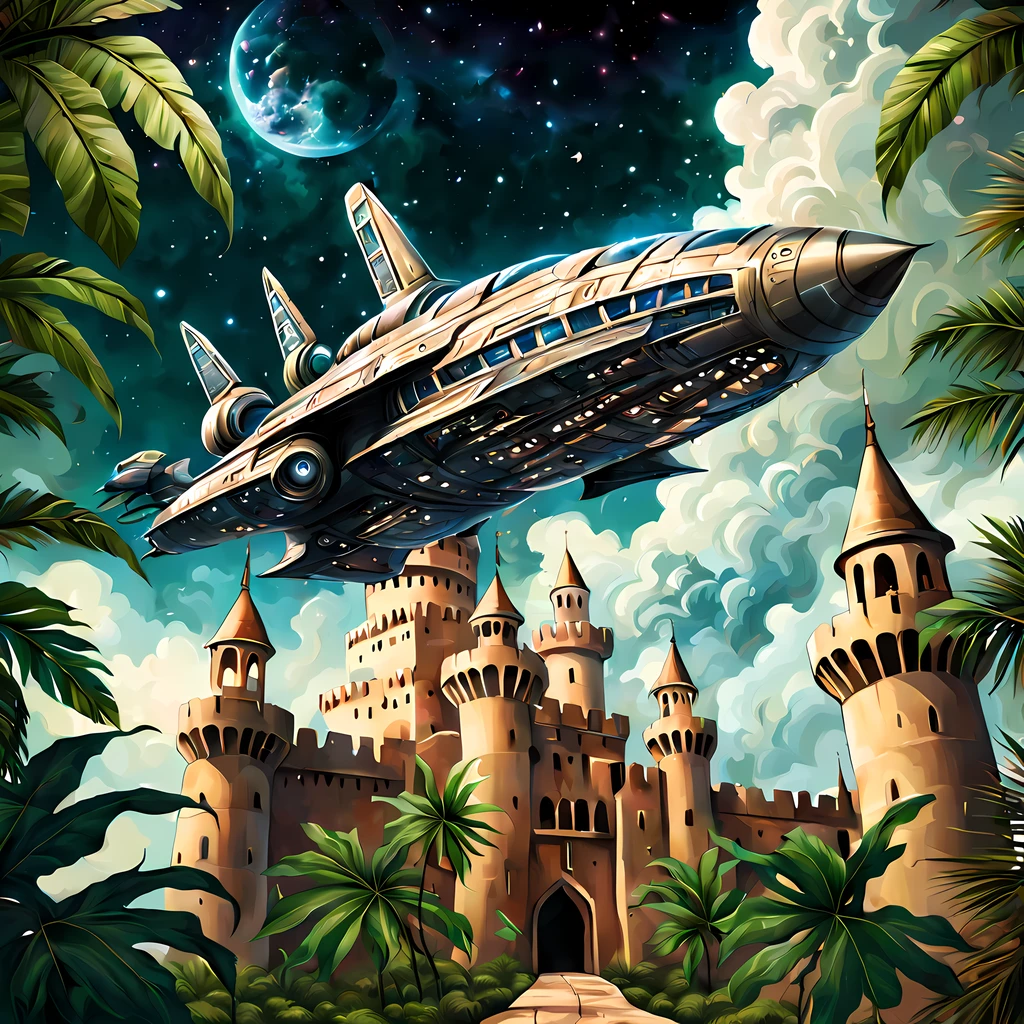 ((view behind the tropical leaves)), (((menacing spaceship))) gracefully floating ((above an Arabian castle)), ((cosmic sky)) with ((romantic clouds)), surreal fusion of medieval and sci-fi elements, More Detail