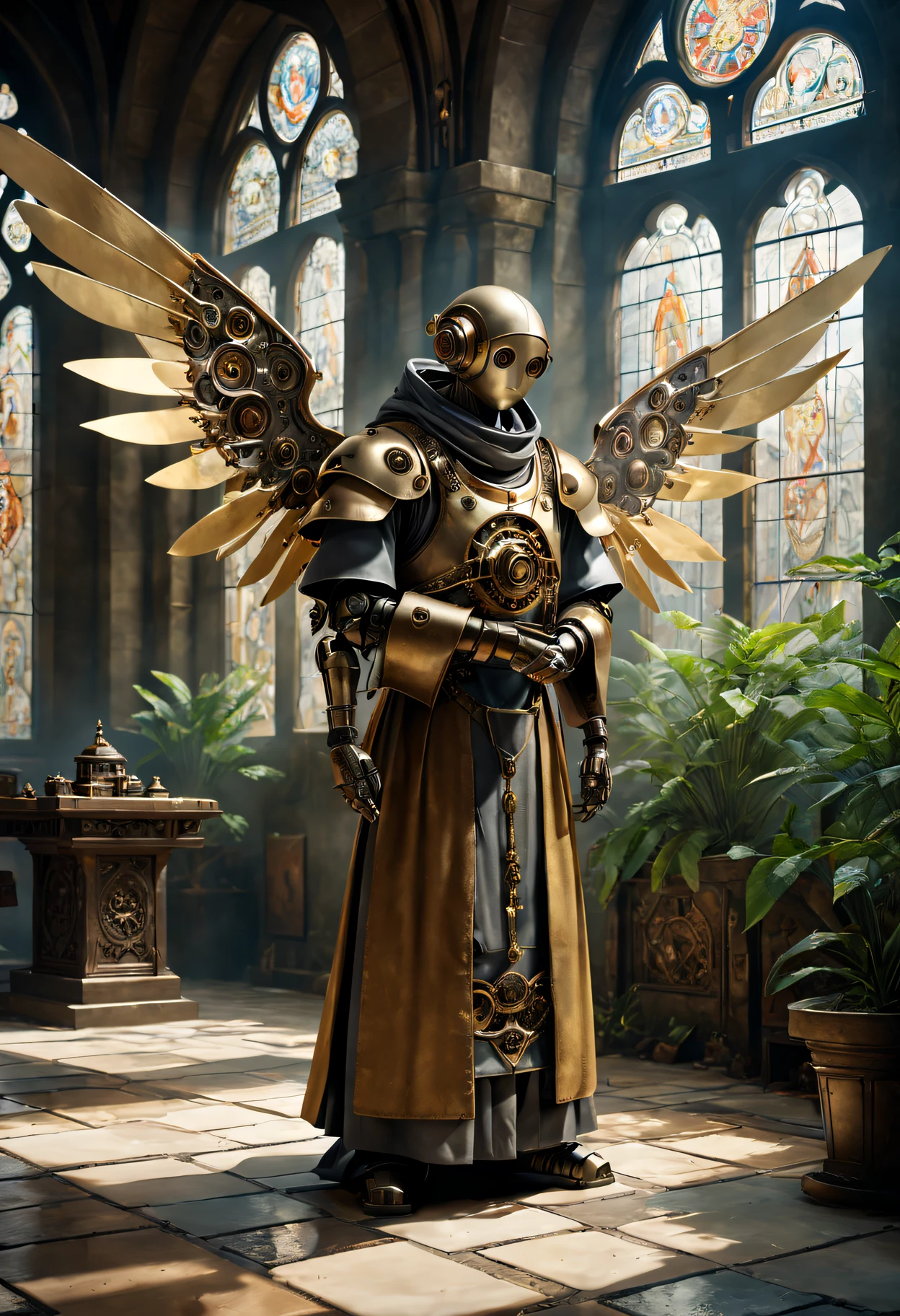 Medieval monastery,steampunk robot monk,(Traditional robe and headscarf),Pray quietly,Light flows through stained glass windows,religious art style, 。ancient stone floor,Lush plants,Calm and peaceful environment,Steampunk machinery and gears,The carving process is complex,(Robot monk with mechanical wings on his shoulderetal surfaces,warm gold color palette,The future meets the Middle Ages,Harmony between technology and spirit。(Best quality at best,4K,8K,A high resolution,tmasterpiece:1.2),ultra - detailed,(actual,realisticlying,Photorealistic:1.37).