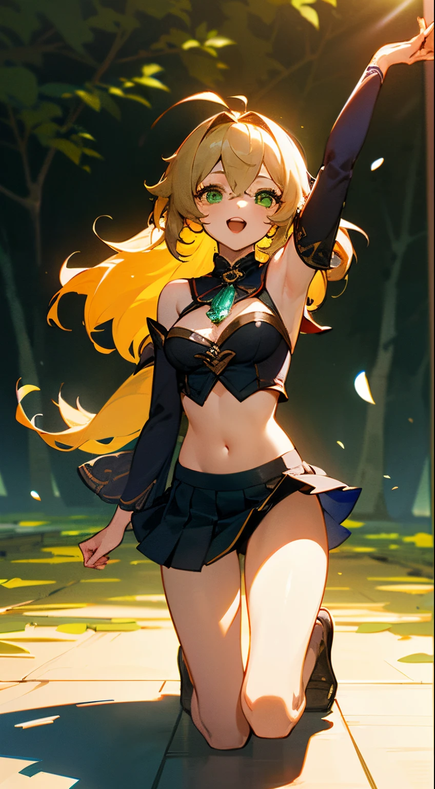 best qulity, 8K,A woman，gold hair，long way hair，（Double ponytail），（Low-cut crop top），（big boob），（Royal sister），Bare chest，（Expose the lower half of the chest），Belly button，（microskirt），（Right leg black stockings），（Left leg white silk stocking），（without shoes），（White silk gloves）），ear ring，ear studs，（（Super large number of tattoos），（Thigh tattoos、arm tattoos、crotch tattoo、），Armpits，A seductive smile，Place one hand behind your head，On stage，（lifting one leg），（Raise your legs），（One word horse pose），（lascivious pose；Raise your feet above your head），（Very small suspender panties），