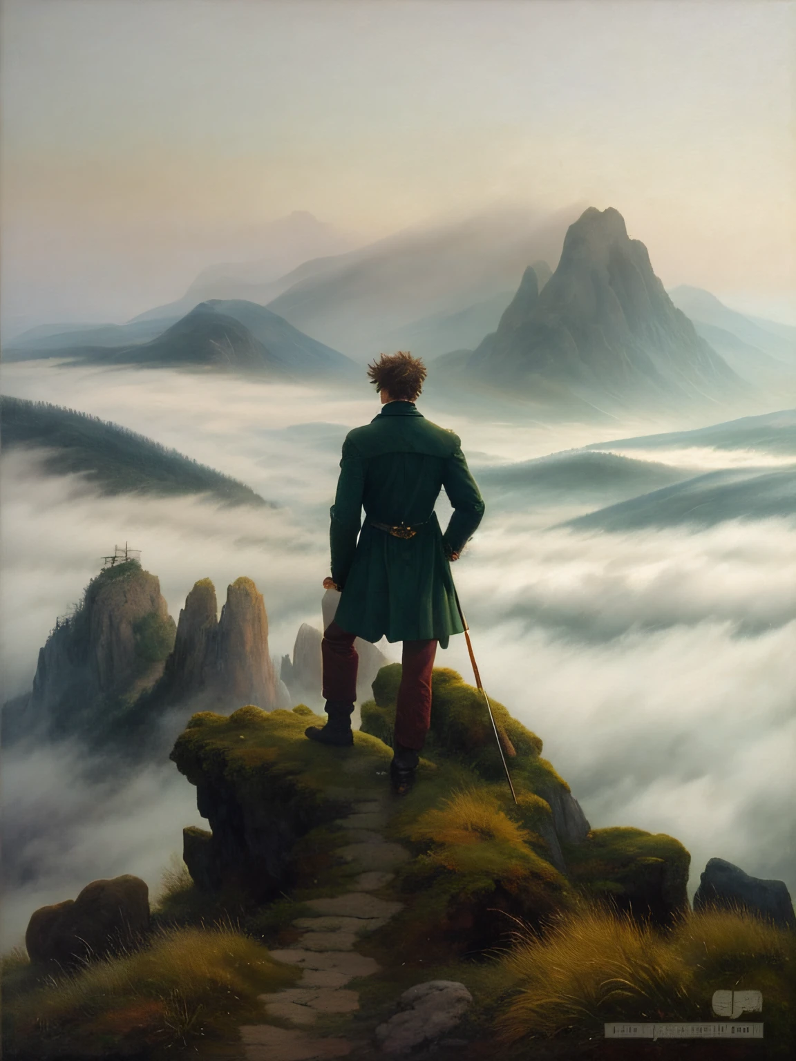 The painting depicts a man standing on a mountain looking out over a mist-shrouded valley., wanderer above the sea of fog, a wanderer in the mountains, Inspired by Caspar David Friedrich, David Friedrich, Arthur David Friedrich, romanticism painting, author：Caspar David Friedrich, tmasterpiece, Inspired by Mstislav Dobzhensky, Looking into the distance