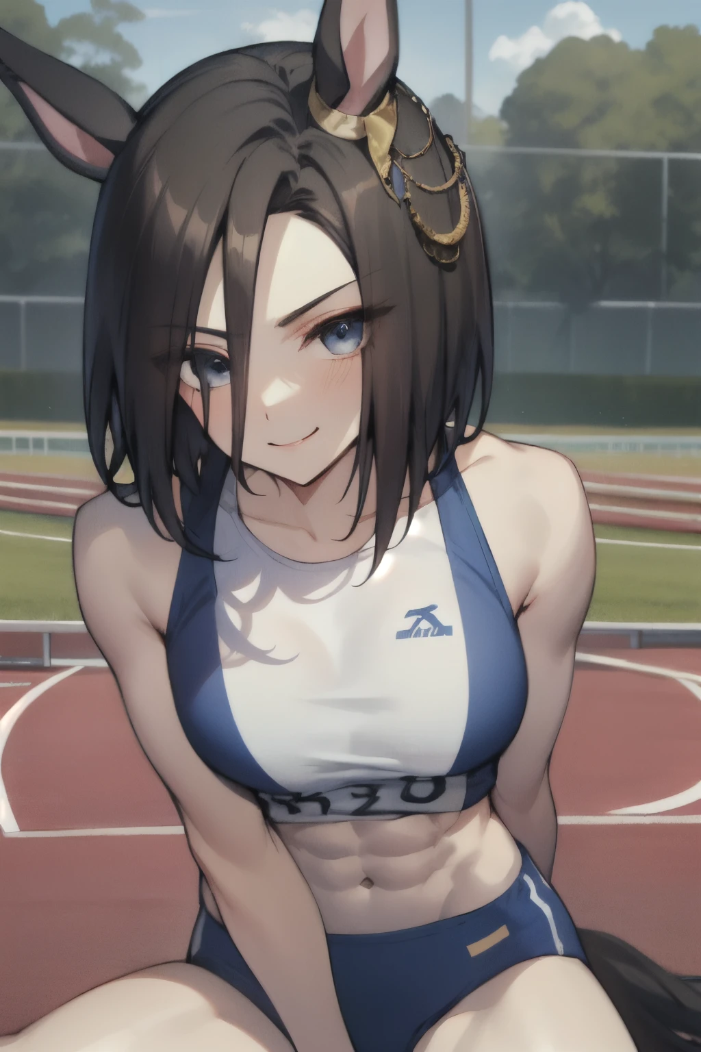 air groove\(umamusume\), ((ultra-detailed face)), masterpiece, best quality, symmetrical face, cute face, muscular, abs, rikujou, horse tail, large tits, smile, athletics track, hand between legs