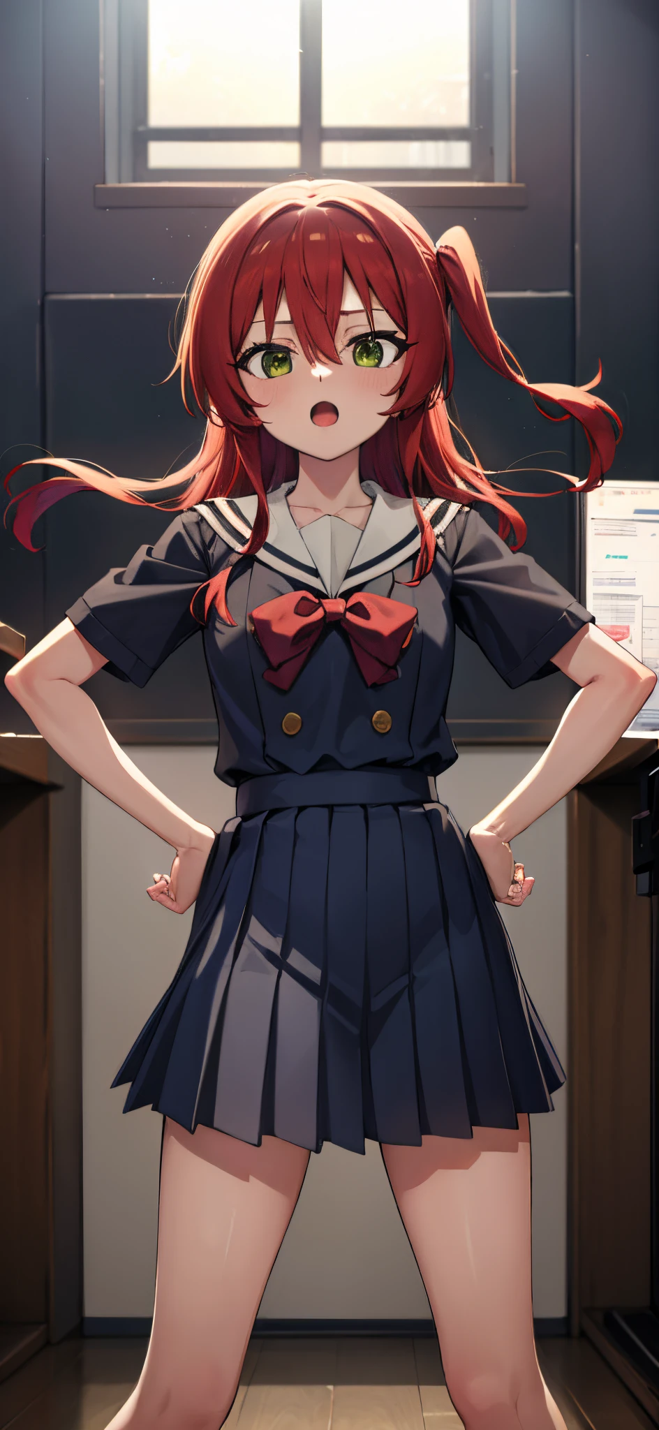 kitaikuyo, ikuyo kita, (green eyes:1.5), hair between eyes, long hair, one side up, red hair, (flat chest:1.2),
BREAK black footwear, black skirt, grey sailor collar, pleated skirt, sailor collar, school uniform, shoes, short sleeves, shuka high school uniform, skirt,,
BREAK looking at viewer,
BREAK indoors, classroom,
BREAK (masterpiece:1.2), best quality, high resolution, unity 8k wallpaper, (illustration:0.8), (beautiful detailed eyes:1.6), extremely detailed face, perfect lighting, extremely detailed CG, (perfect hands, perfect anatomy),up chest.big breasts.Sad face.open mouth.put hands on the hip.Clench your fists