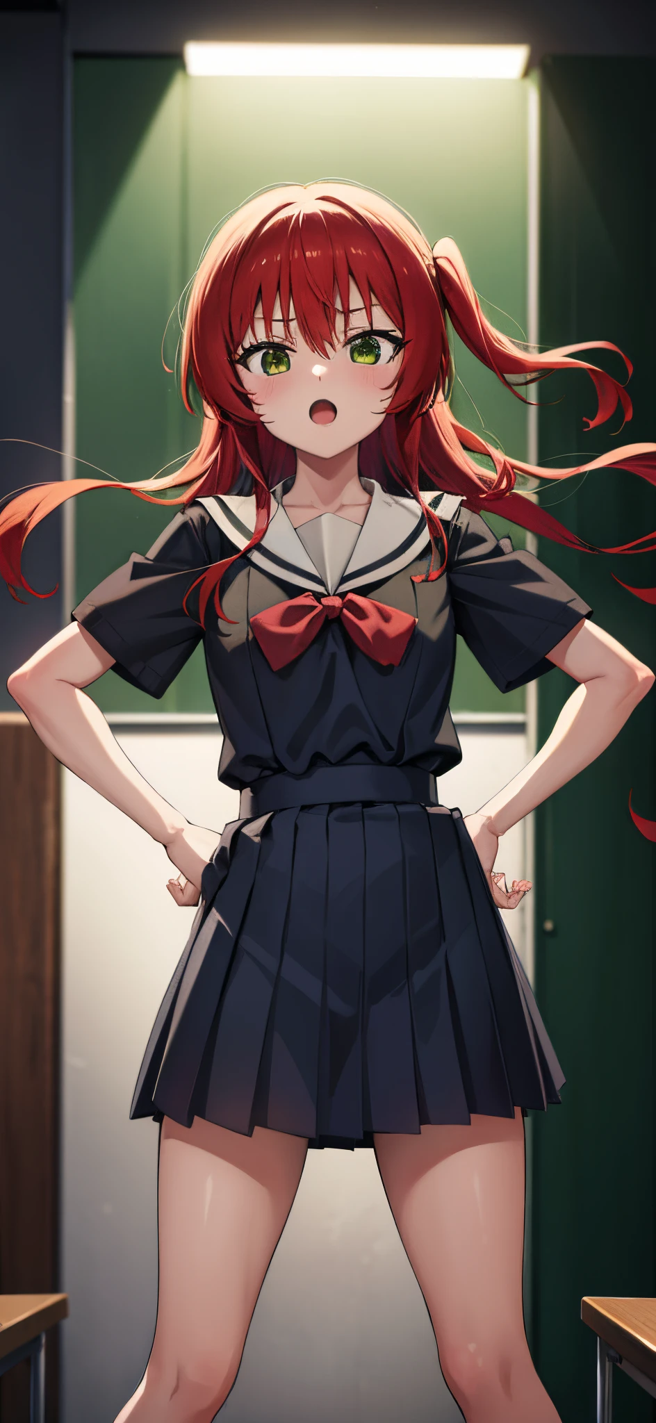 kitaikuyo, ikuyo kita, (green eyes:1.5), hair between eyes, long hair, one side up, red hair, (flat chest:1.2),
BREAK black footwear, black skirt, grey sailor collar, pleated skirt, sailor collar, school uniform, shoes, short sleeves, shuka high school uniform, skirt,,
BREAK looking at viewer,
BREAK indoors, classroom,
BREAK (masterpiece:1.2), best quality, high resolution, unity 8k wallpaper, (illustration:0.8), (beautiful detailed eyes:1.6), extremely detailed face, perfect lighting, extremely detailed CG, (perfect hands, perfect anatomy),up chest.big breasts.Sad face.open mouth.put hands on the hip.Clench your fists