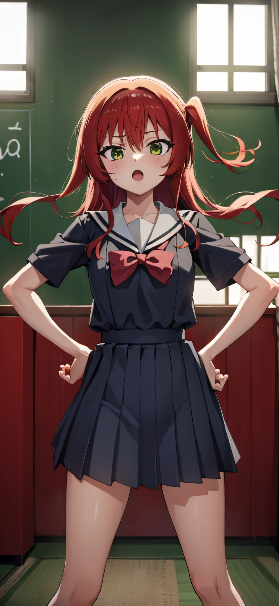 kitaikuyo, ikuyo kita, (green eyes:1.5), hair between eyes, long hair, one side up, red hair, (flat chest:1.2),
BREAK black footwear, black skirt, grey sailor collar, pleated skirt, sailor collar, school uniform, shoes, short sleeves, shuka high school uniform, skirt,,
BREAK looking at viewer,
BREAK indoors, classroom,
BREAK (masterpiece:1.2), best quality, high resolution, unity 8k wallpaper, (illustration:0.8), (beautiful detailed eyes:1.6), extremely detailed face, perfect lighting, extremely detailed CG, (perfect hands, perfect anatomy),up chest.big breasts.Sad face.open mouth.put hands on the hip.Clench your fists