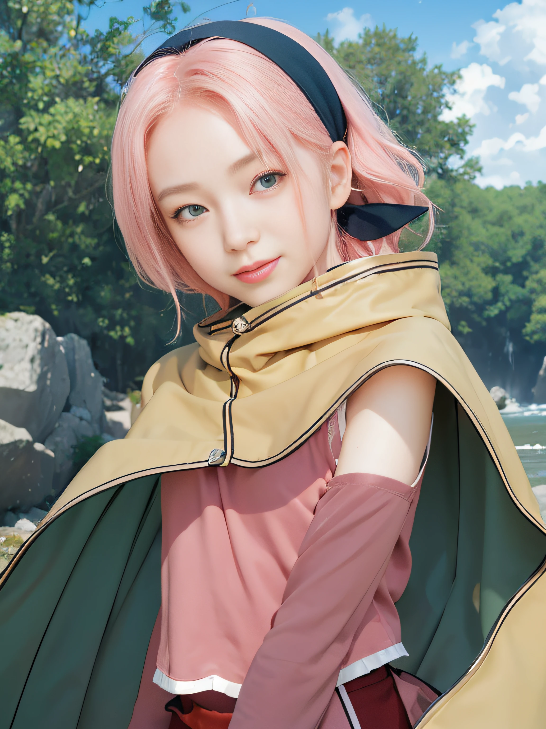 masterpiece, best quality, (realistic, photo-realistic:1.4), (RAW photo:1.2), extremely detailed CG unity 8k wallpaper, delicate and beautiful, amazing,finely detail, official art, absurdres, incredibly absurdres, huge filesize, ultra-detailed,extremely detailed eyes and face,light on face,little smile,pink hair,blue hairband,wearing cloak,green eyes