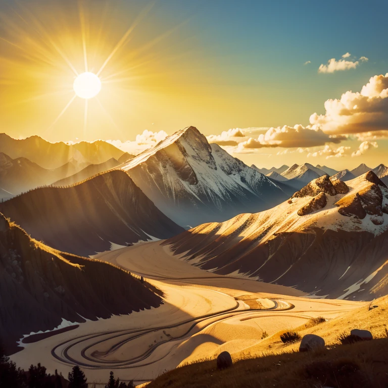 The sun spreads like gold over the mountains