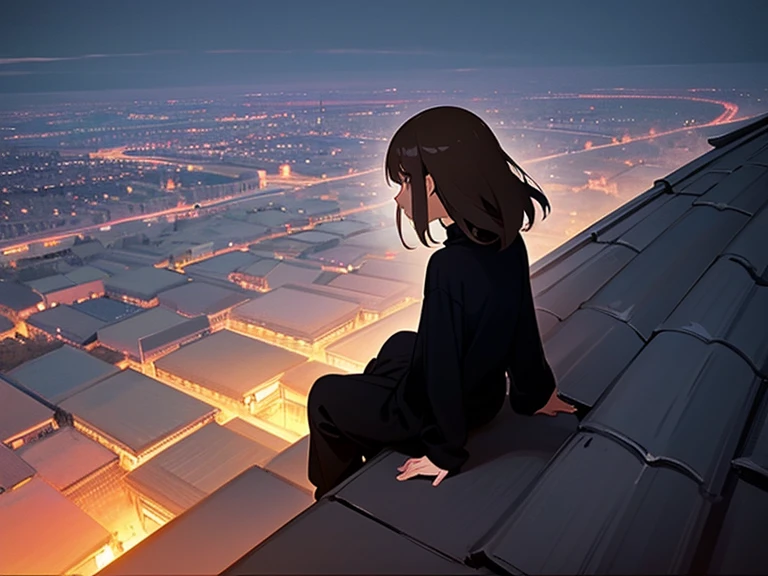 tall house,the night,Roof side,Brunette girl,Wearing black sweater,Back Shadow,Sit on the edge of the rooftop,Staring at the dimly lit city below,Holding my hair in the wind