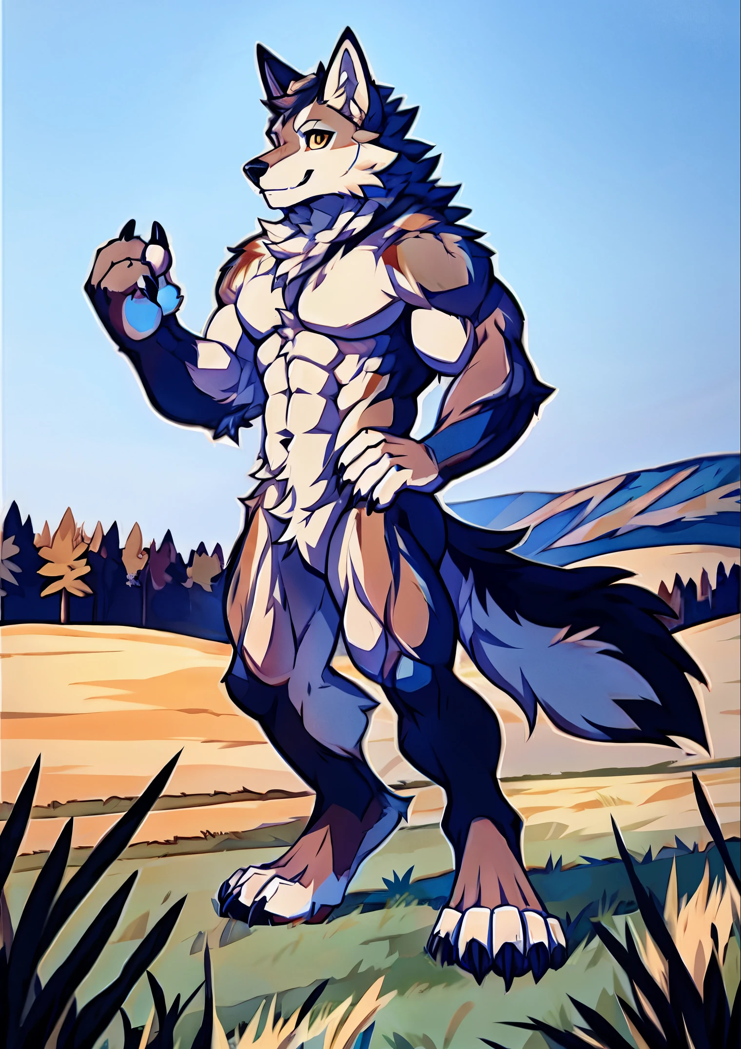 Human-wolf,musculouull Body Furry,paws with claws,pass upright,The upper body naked,field