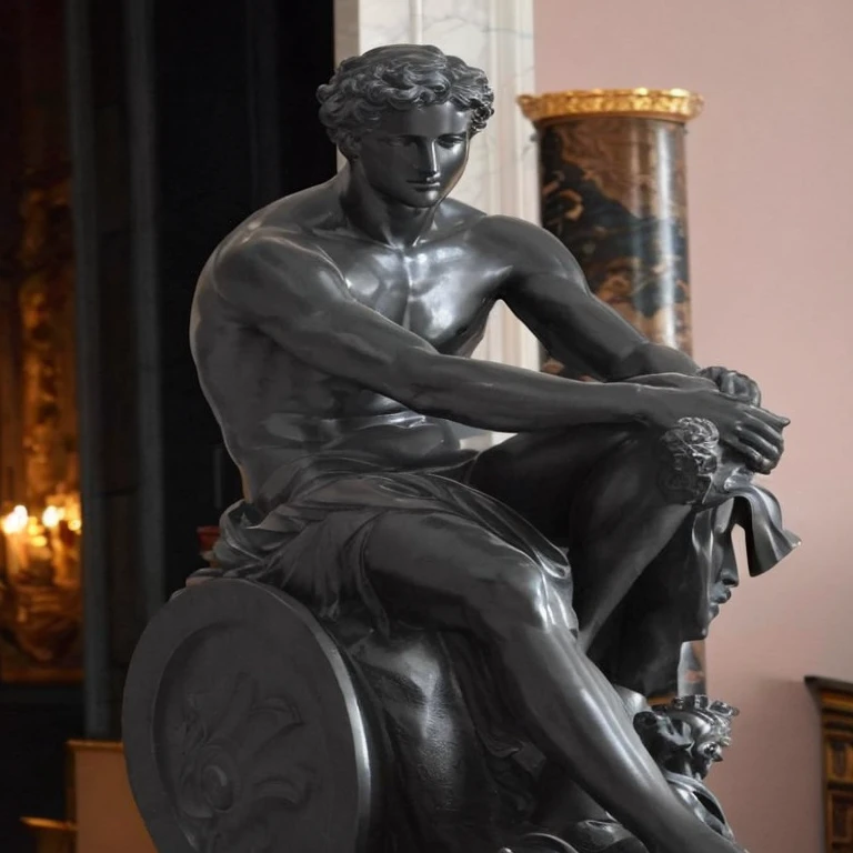 a close up of a statue of a man sitting on a wheel, a statue, bronze statue, statue, a bronze sculpture, sculpture, classic sculpture, bronze statue and silver, classical statue, sculpture on display, classical sculpture, inspired by Augustus Earle, greek statue, marble statue, museum sculpture, greco roman statue, a stunning masterpiece, baroque vaporwave statue