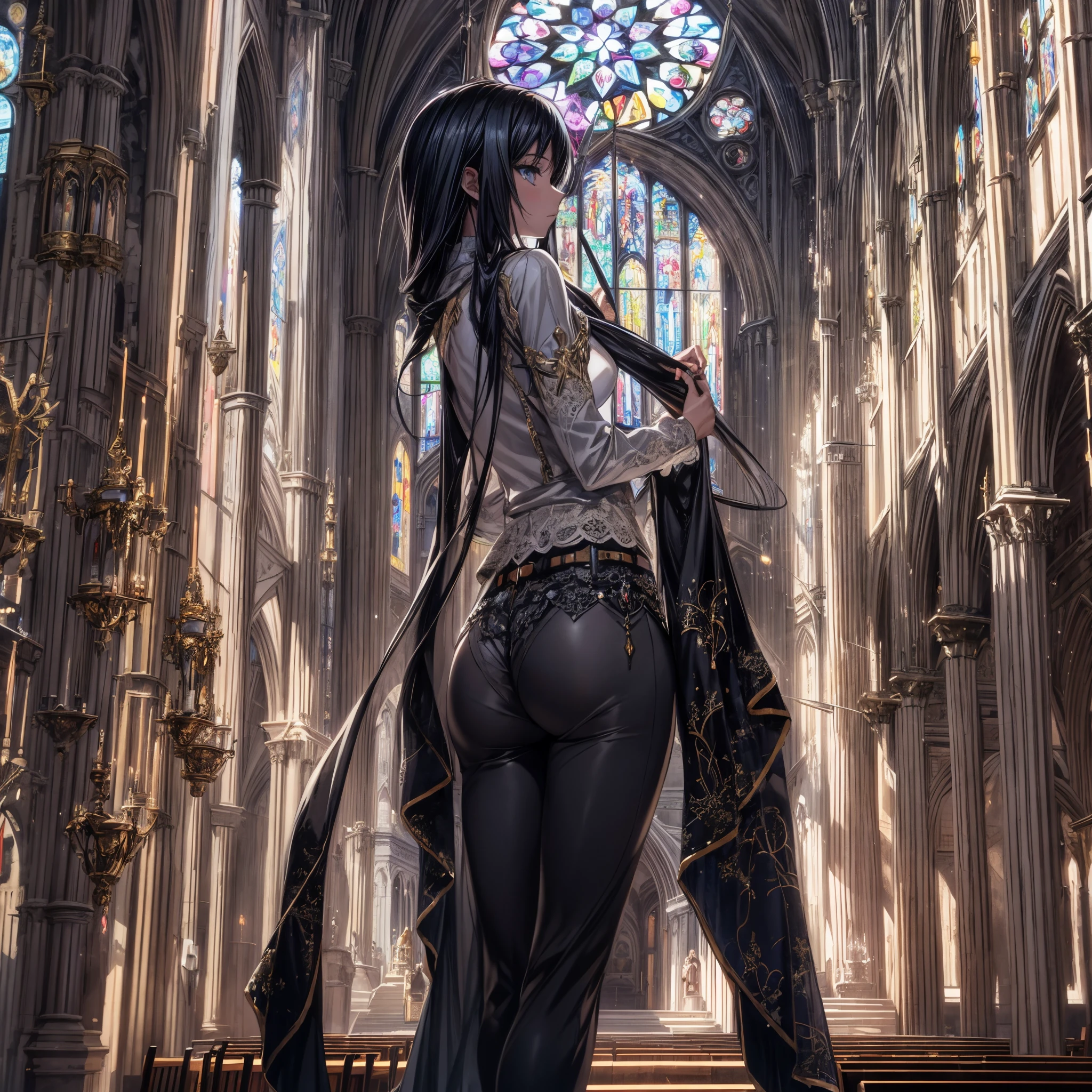 Create an image featuring a photorealistic background of a large cathedral, with dark light pouring in and stained glass windows shining brilliantly. This setting should blend Gothic and black aesthetics. In this scene, repeatedly depict an anime-style girl character who stands out against this backdrop. She is a super-tall girl with straight black hair and pale skin, looking up to the heavens. Emphasize the contrast between the photorealism of the cathedral and the stylized anime character, highlighting the synthesis of different artistic mediums in a striking manner.