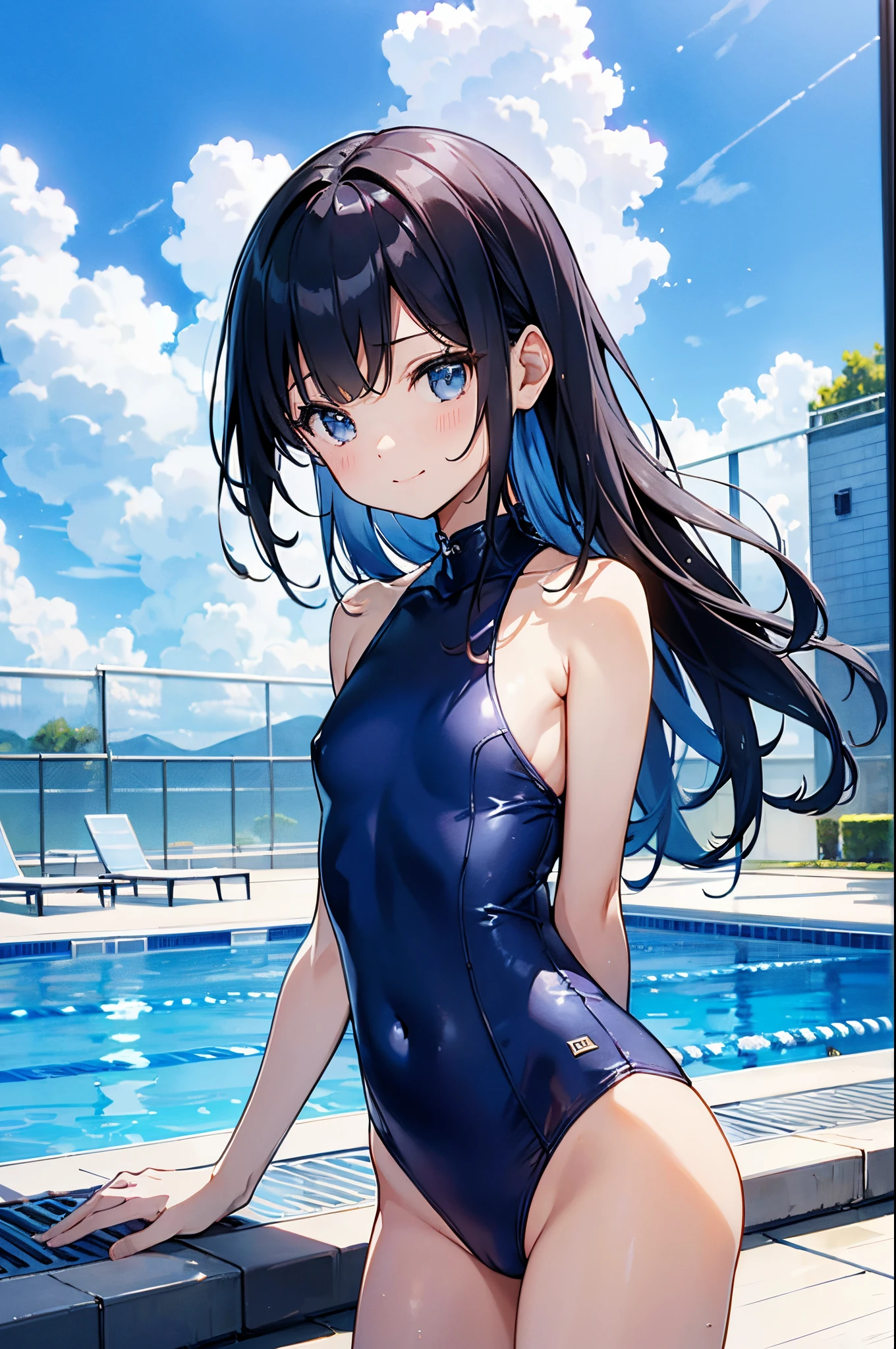 ((4ｋ、8ｋ、top-quality、Perfect Finger：1.3、Perfect Anatomy：1.3、Blur the background))、((elementary student、8years old、Small breasts、Cute droopy eyes、stright long hair、A slender))、a smile、（blue white yellow decoration、onepiece swimsuit）、Angle where the whole body is depicted、、Poolside with blue sky、