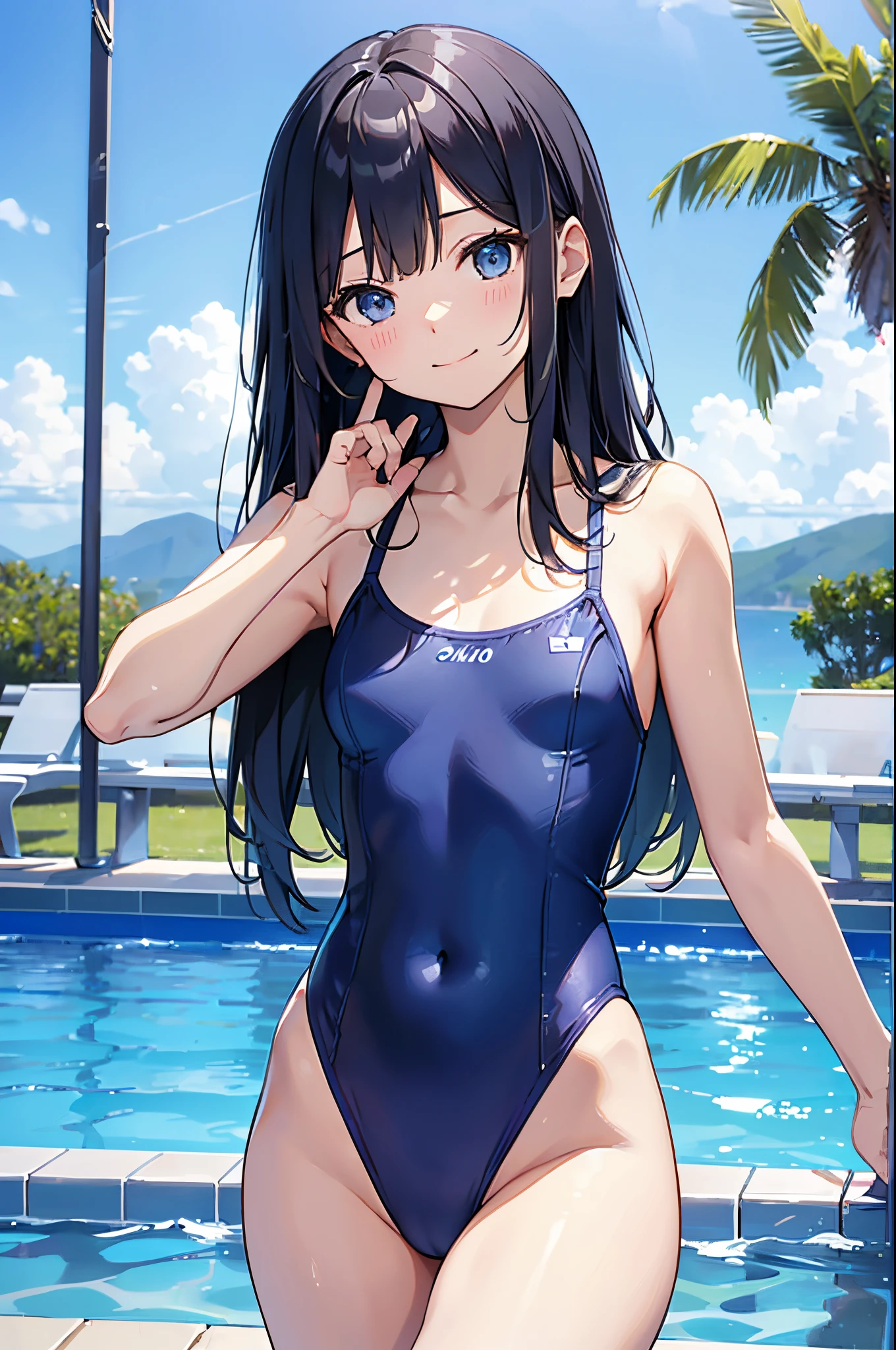 ((4ｋ、8ｋ、top-quality、Perfect Finger：1.3、Perfect Anatomy：1.3、Blur the background))、((、8years old、Small bre droopy eyes、stright long hair、A slender))、a smile、（blue white yellow decoration、onepiece swimsuit）、Angle where the whole body is depicted、、Poolside with blue sky、