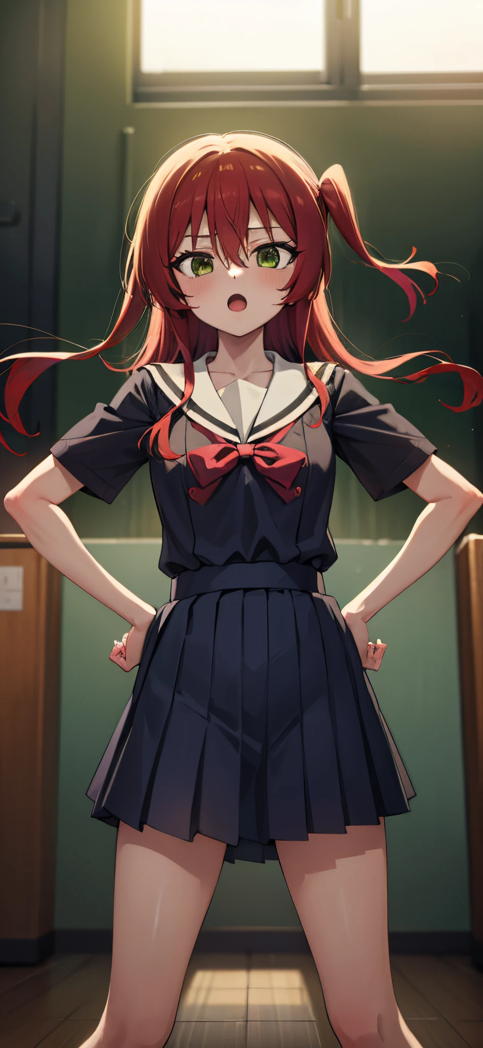 kitaikuyo, ikuyo kita, (green eyes:1.5), hair between eyes, long hair, one side up, red hair, (flat chest:1.2),
BREAK black footwear, black skirt, grey sailor collar, pleated skirt, sailor collar, school uniform, shoes, short sleeves, shuka high school uniform, skirt,,
BREAK looking at viewer,
BREAK indoors, classroom,
BREAK (masterpiece:1.2), best quality, high resolution, unity 8k wallpaper, (illustration:0.8), (beautiful detailed eyes:1.6), extremely detailed face, perfect lighting, extremely detailed CG, (perfect hands, perfect anatomy),up chest.big breasts.Sad face.open mouth.put hands on the hip.Clench your fists