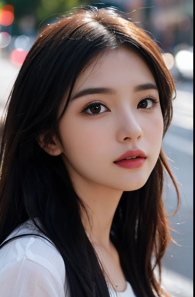 (Best Quality,16 K,hight resolution,masutepiece:1.2),Ultra-detailed,(Realistic,Photorealistic,Photorealsitic:1.37),Korean Fashion Beauty,Cute and innocent,Eyes and faces with detailed,Beautiful detailed lips,long eyelashes,(lovely,Charming:1.1),Colorful street background,Stylish clothes and accessories,Portrait-style photography,Vivid colors,Street lights.