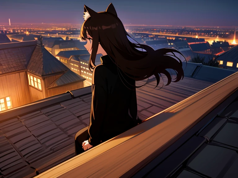 tall house,the night,Roof side,Brunette girl,Wearing black sweater,Back Shadow,Sit on the edge of the rooftop,Staring at the dimly lit city below,Holding my hair in the wind,long whitr hair,cat ear