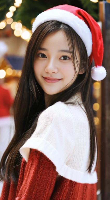"(Best Quality,4K,hight resolution,masutepiece:1.2),Ultra-detailed,(Realistic,Photorealistic,Photorealsitic:1.37),close-up,Cute,Detailed,Beautiful Girl, bangss、Wavy hair,Sharp Focus,High resolution,Physically-based rendering,Extremely detailed, Santa Claus Costume,long-sleeve、Miniskirt,long boots,illumination,Christmas Market,Smiling"