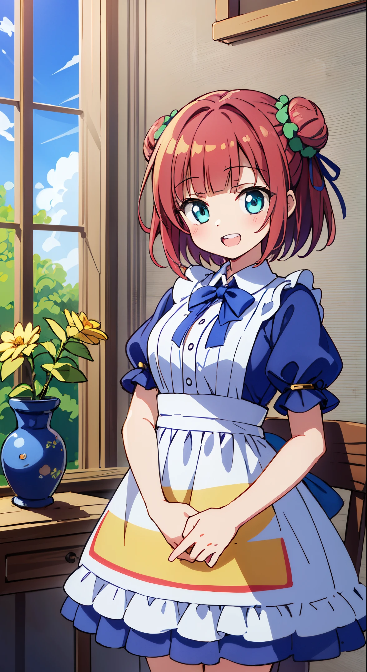 (masutepiece, Transparent air, Transparent eyes,Best Quality, Perfect Anatomy, High quality:1.4), absurderes, absolutely resolution, unbelievable Ridiculous, hight resolution, ultra-detailliert, Official art, Unity 8k壁纸, Kinetic typography,nice hand, Perfect hands, Detailed beautiful hands, Large_filesize, fulcolor, hight resolution, symmetric, exceptional, Best aesthetic, newest, Anime, very beautiful detailed body,The hair,faces,The eye, BREAK,  1 beautiful girl, (Cute:1.5), (Chibi: 0.8), (kawaii: 1.5), (Lori: 0.5), (17 years old girl), BREAK(Red hair, short-hair,2 hair buns,Blunt bangs:1.4),(:D,grin:1.3),{Heterochromia,pale blue eyes,pale green eyes, Eye Highlights,The first hyperfine stars:1.5},Star eyes silhouette thick eyelashes, Double eyelids:1.2),(de pele branca),BREAK,Clear skin,Beautiful skin, ,(best quality face),(Top quality glowing eyes),(The best smile,:D:1.45) ,

BREAK,Indoor, (Narrow waist), wide hips, polypropylene,(Happy,Smile:1.3), (((Cute Patchwork Quilt,kawaii room,Embroidery Accessories,)))(((Girly Goods,Cute Quilted Patchwork Toys,bow ribbon,Quilt Patchwork,basket))),

,BREAK,(((to stand))), In the garden, Daylight, Detailed background, The table,Showroom,tee,basket,bottles,butter,flower,a cake,food,hawke,] Knives,fruit,Cute glass teapot,raspberry,Fruit Pound Cake,fruitcake,Fruit tart,apple pie,daisy,veggies,..jar,vases,bottles,Leaves,Lemon cake,Lily_(flower),Apron,Kotaheko Address, (((((head-on))))),Waterfall,depth of fields,

 BREAK,wakame,wakame,wakame,(Cowboy Shot:1.4), 

BREAK,(Blurry background:1.3),(absurderes, hight resolution, Super Detail Art),cel shading,Clear Color, Lonely optical effect, Beautiful pictures, Bright glow, mystic atmosphere,(Close-up of girl:1.1), Mystical light particle effect,manga influence, clean line drawings,