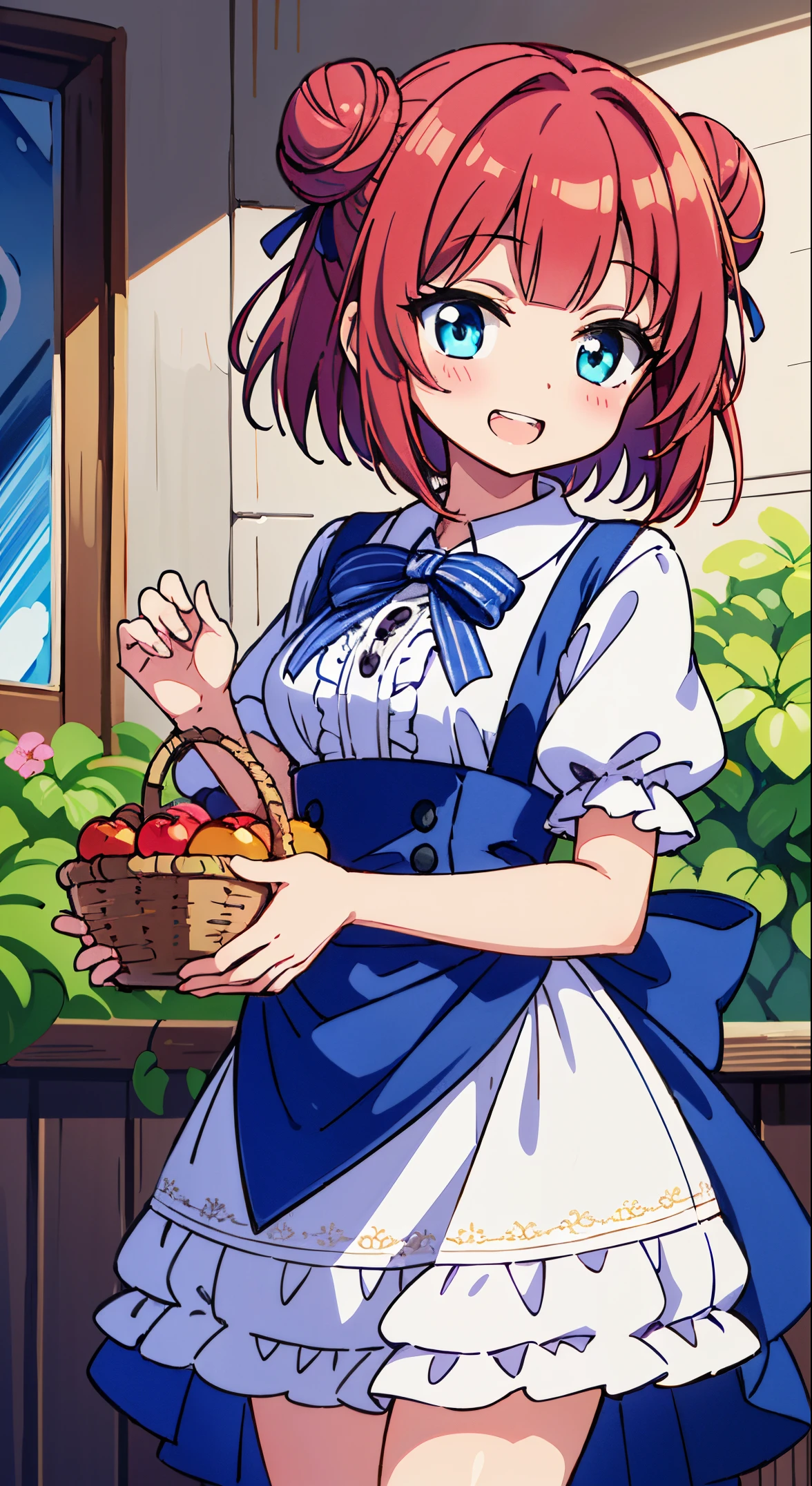 (masutepiece, Transparent air, Transparent eyes,Best Quality, Perfect Anatomy, High quality:1.4), absurderes, absolutely resolution, unbelievable Ridiculous, hight resolution, ultra-detailliert, Official art, Unity 8k壁纸, Kinetic typography,nice hand, Perfect hands, Detailed beautiful hands, Large_filesize, fulcolor, hight resolution, symmetric, exceptional, Best aesthetic, newest, Anime, very beautiful detailed body,The hair,faces,The eye, BREAK,  1 beautiful girl, (Cute:1.5), (Chibi: 0.8), (kawaii: 1.5), (Lori: 0.5), (17 years old girl), BREAK(Red hair, short-hair,2 hair buns,Blunt bangs:1.4),(:D,grin:1.3),{Heterochromia,pale blue eyes,pale green eyes, Eye Highlights,The first hyperfine stars:1.5},Star eyes silhouette thick eyelashes, Double eyelids:1.2),(de pele branca),BREAK,Clear skin,Beautiful skin, ,(best quality face),(Top quality glowing eyes),(The best smile,:D:1.45) ,

BREAK,Indoor, (Narrow waist), wide hips, polypropylene,(Happy,Smile:1.3), (((Cute Patchwork Quilt,kawaii room,Embroidery Accessories,)))(((Girly Goods,Cute Quilted Patchwork Toys,bow ribbon,Quilt Patchwork,basket))),

,BREAK,(((to stand))), In the garden, Daylight, Detailed background, The table,Showroom,tee,basket,bottles,butter,flower,a cake,food,hawke,] Knives,fruit,Cute glass teapot,raspberry,Fruit Pound Cake,fruitcake,Fruit tart,apple pie,daisy,veggies,..jar,vases,bottles,Leaves,Lemon cake,Lily_(flower),Apron,Kotaheko Address, (((((head-on))))),Waterfall,depth of fields,

 BREAK,wakame,wakame,wakame,(Cowboy Shot:1.4), 

BREAK,(Blurry background:1.3),(absurderes, hight resolution, Super Detail Art),cel shading,Clear Color, Lonely optical effect, Beautiful pictures, Bright glow, mystic atmosphere,(Close-up of girl:1.1), Mystical light particle effect,manga influence, clean line drawings,