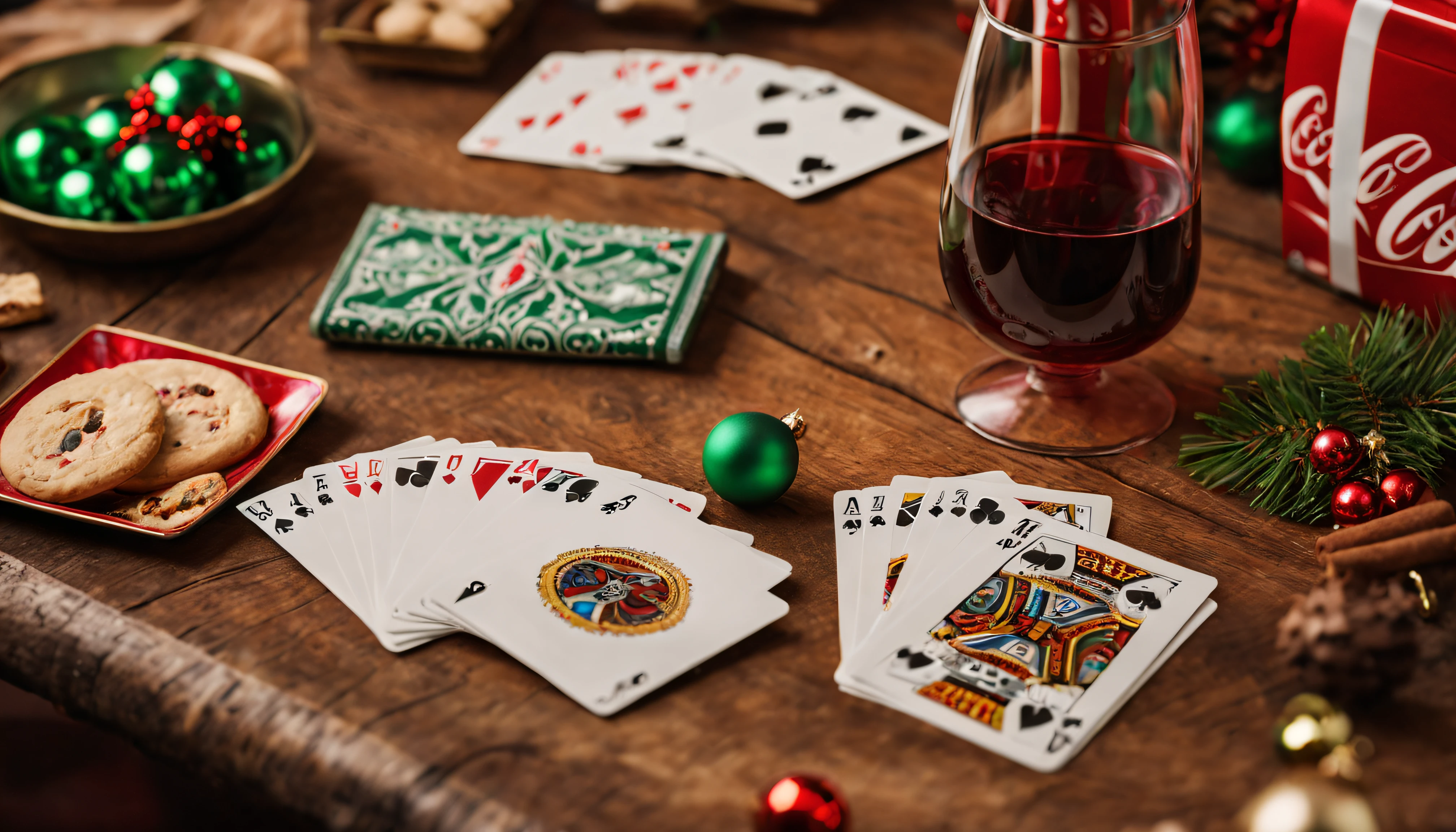 Breathtaking cinematic photo of a real Hyperrealistic christmas still life picture of a((( a deck of cards spread out in a fan shape, glass of wine, bottle of coca cola, snacks, cookies on an antique wooden table, Christmas tablecloth, Christmas decoration in the environment, intimate)))) decorated with (((mistletoe))) and golden christmas tree decorations, on and antique wooden table covered with christmas table cloth, in the background multicolored led lights (red, blue, green, yellow), extremely high-resolution details, photorealism, realistic lifelike textures, masterpiece, best quality, sharp focus, photorealism, photorealistic, 8k, volumetric light, (intricate details), hdr, high detailed, high quality, soft cinematic light, dramatic atmosphere, atmospheric perspective, ultra realistic, neutral colors, cinematic lighting, wide angle, film grain, dslr, raw photo, photo,