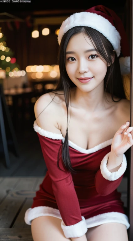 "(Best Quality,4K,hight resolution,masutepiece:1.2),Ultra-detailed,(Realistic,Photorealistic,Photorealsitic:1.37),close-up,Cute,a beauty girl, bangss、Wavy Hair,Sharp Focus,High resolution,Physically-based rendering,Extremely detailed, Santa Claus Costume,long-sleeve、Miniskirt,long boots,illumination,Christmas Market,Smiling"