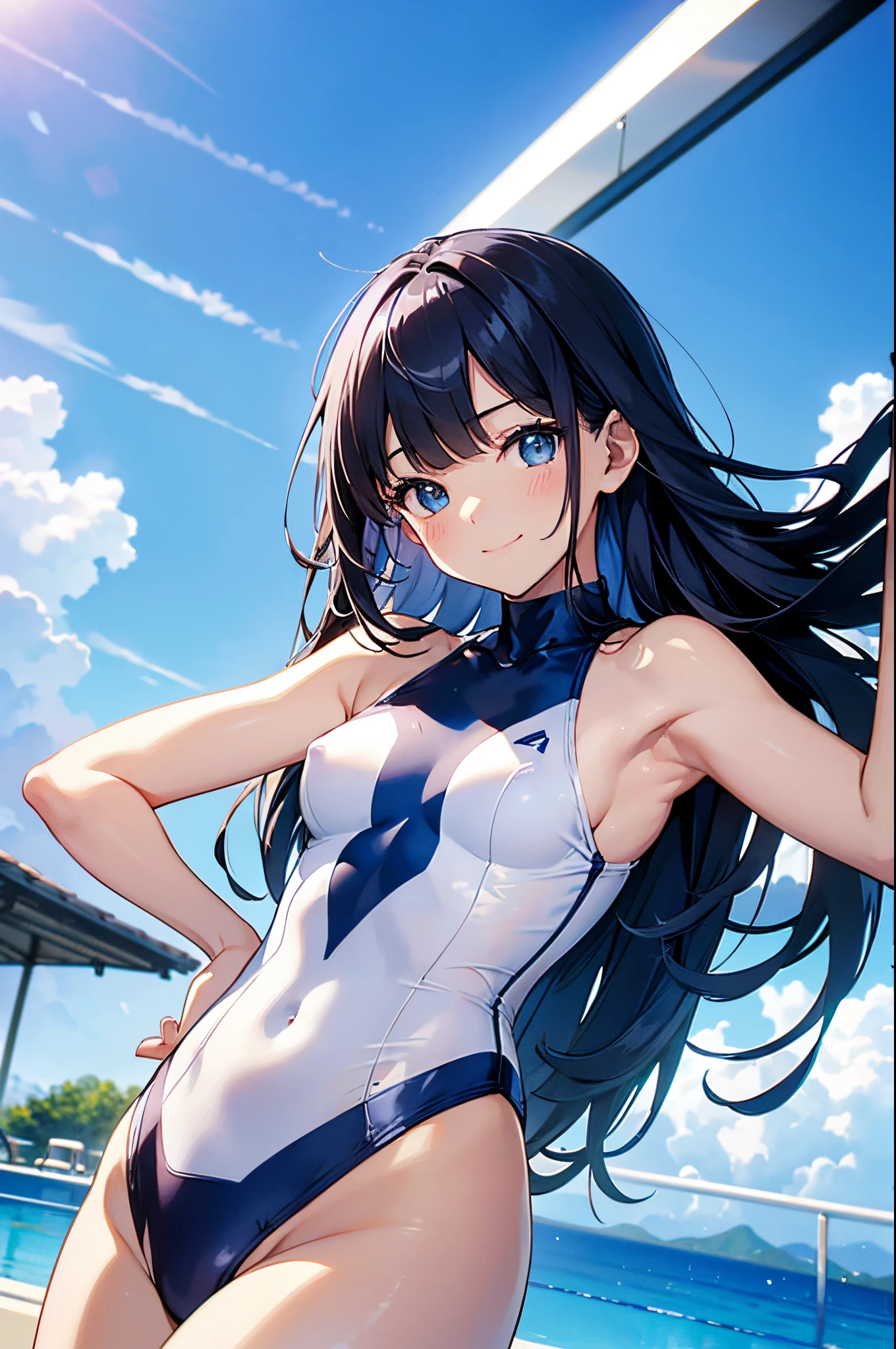 ((4ｋ、8ｋ、top-quality、Perfect Finger：1.3、Perfect Anatomy：1.3、Blur the background))、((elementary student、8years old、Small breasts、Cute droopy eyes、stright long hair、A slender))、a smile、（blue white yellow one piece swimsuit）、Angle where the whole body is depicted、、Poolside with blue sky、