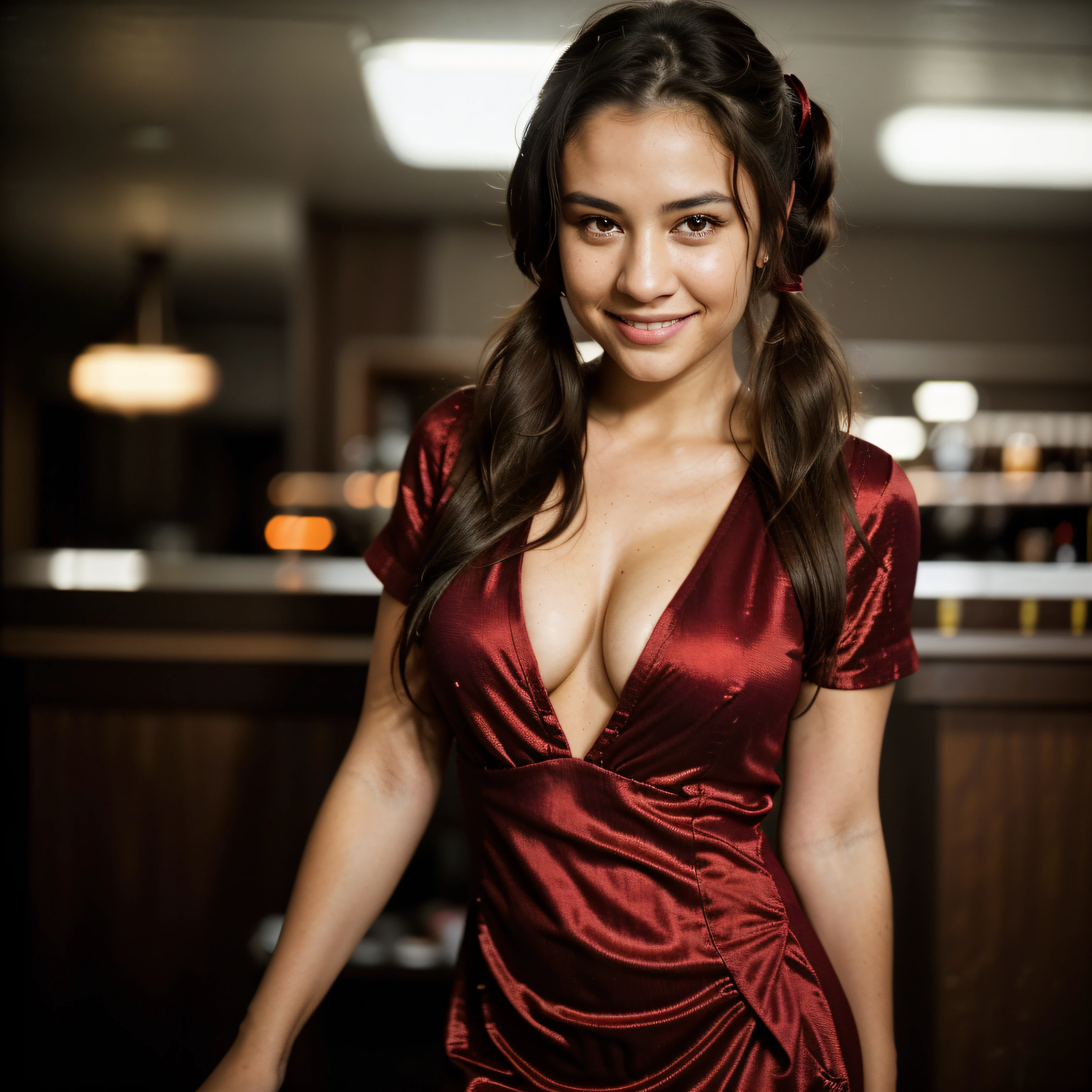 Portrait photo of a girl, more smile, posing, look at a camera, dark brunette hair, ponytails, brown eyes, complex new year home background, backlit, (cinematic:1.5), epic realistic, hyperdetailed, insane details, intricate details, accent lighting, soft volumetric light, bokeh, (dramatic light:1.2), cross process, (red dress), dynamic angle, (flirting with camera: 0.7), middle boobs, Champagne, comfits