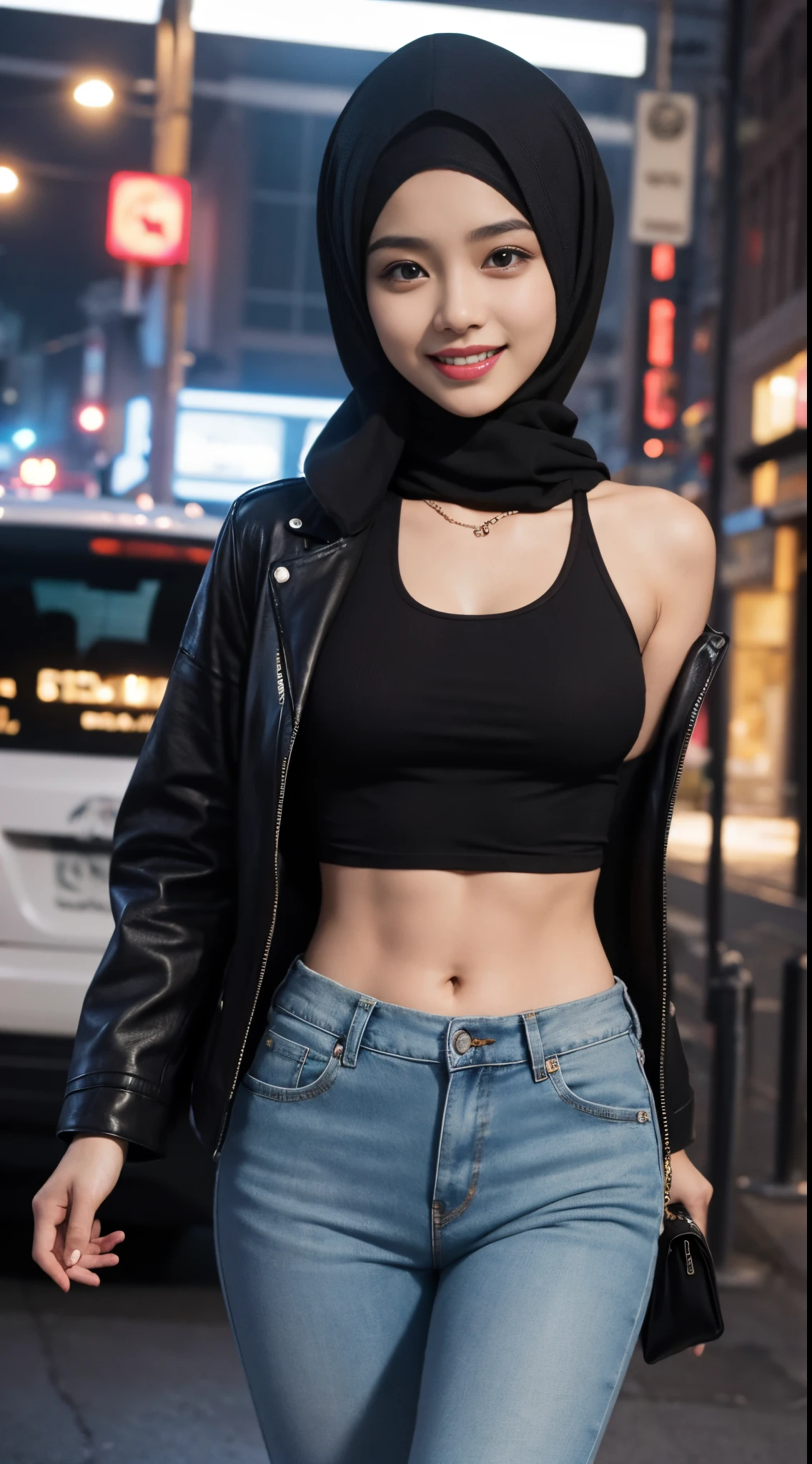 Cute malay girl in hijab wearing red tank top with leather jacket and jeans pants with seducing pose, big smile, laughing, happy, big front teeth, bustling nighttime city, wearing hijab, bright golden color hijab, small tits, small breast, flat chest, wide waist, thick thighs bright lighting, big round ass, cute face, slim abs, 35mm lens, Extreme close-up, pastel color grading, depth of field cinematography effect, romantic film genre, 8k resolution, high quality, ultra detail,