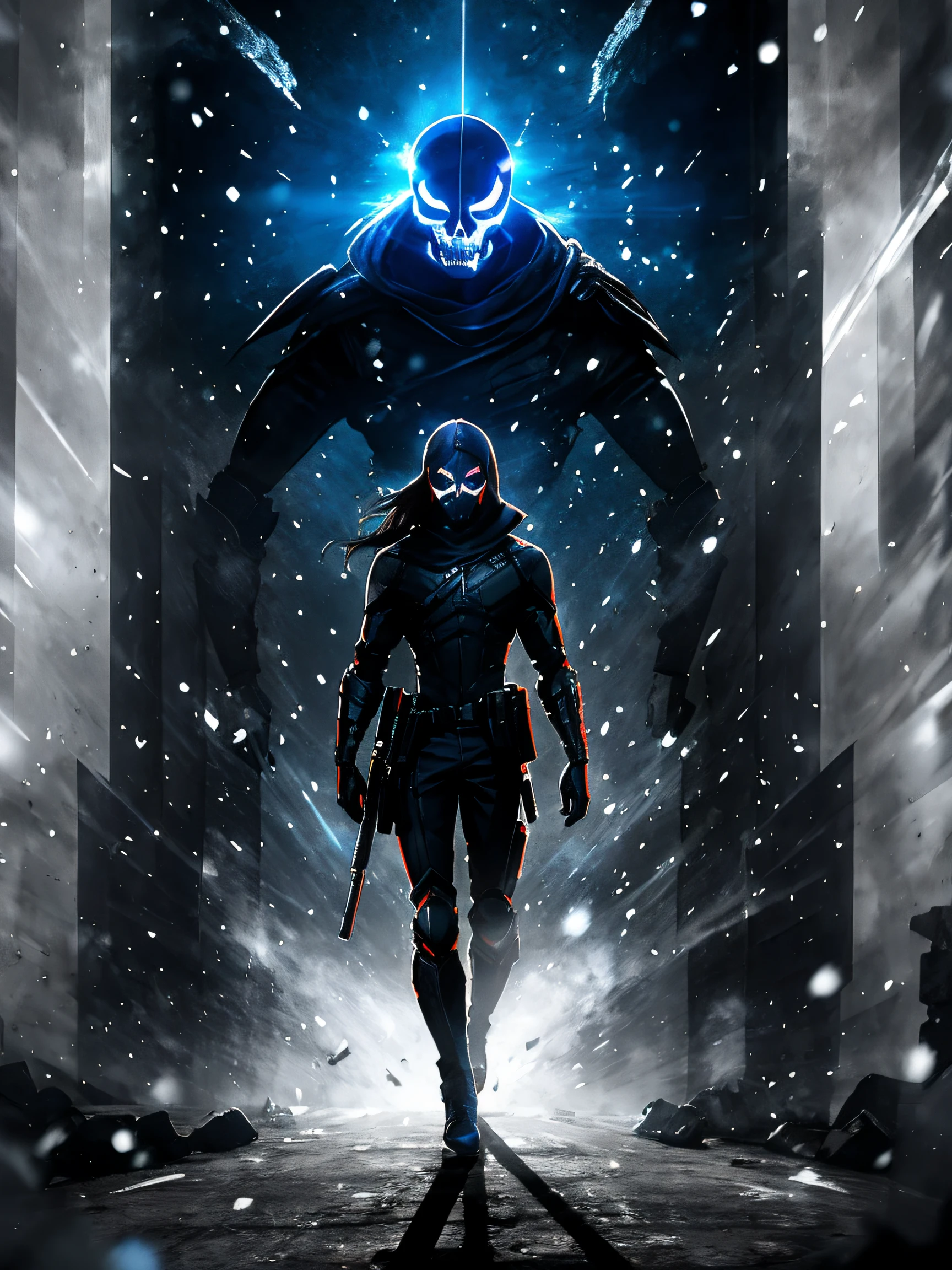 Man wearing a black mask and a black helmet, full mask, skull mask, wearing all black mempo mask, winter soldier mask, full skull shaped face cover, viseira escura cobrindo o rosto, face with skull mask, black mask, spec ops mask, robot ghost mask, skull like, viseira escura cobrindo a parte superior do rosto, vega mask, detailed mask, ghost mask, full-body vision, Lutando, Action, guerra, futurista, Homem, combate, Sombras, lighting dramatic,