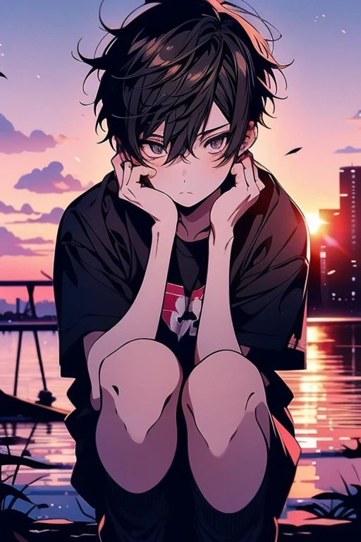 full body Esbian、Pained look、、((Shinkai Makotokaze、Sunset、Cinematic poster、Halation))、、Youth Movies、、High school students、a high school boy,youthfulness、夏天、Summer memories、、、summer vacation、、After school、a club activity、Men only、a little muscular、