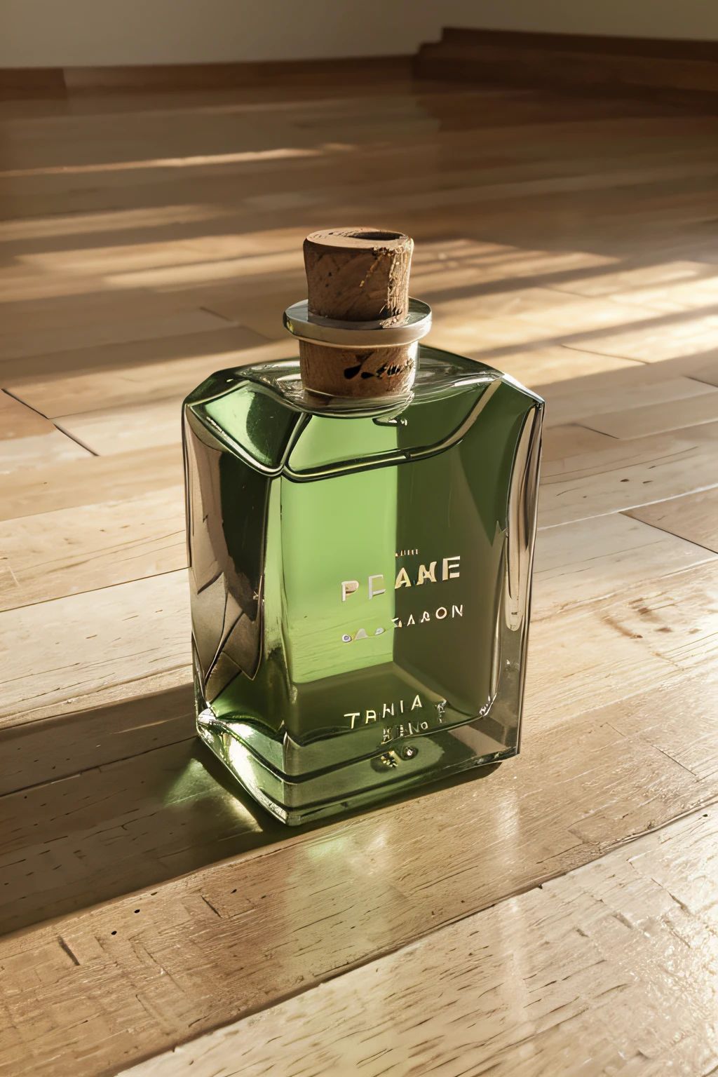 A green perfume bottle on a wooden floor with pure white background