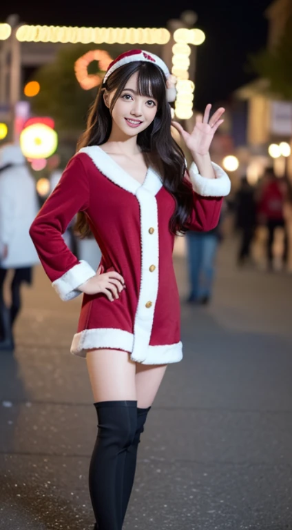 1 Japan women, Looking at the snow-covered amusement park, Mature woman in Santa Claus costume standing with legs apart, married woman, A MILF, Mature, huge stunning goddess shot, goddess of Japan, the extremely hot and sexy, goddess of Japan, very Bigger breasts, Big ass, ((Santa Claus miniskirt costume and hat)), (Wearing:red mini dress trimmed with white fur, Thick black belt, Long Red Leather Boots), (thigh visible), (Cowboy Shot), (Fireworks go off at the amusement park at night), In the snow, (Background: Night city decorated with Christmas illuminations), ((depth of fields)), ((top-quality, 8K, masutepiece:1.3)), full body Esbian, Beautiful woman with perfect body shape:1.4, ((dark brown hair)), Highly detailed facial and skin texture, A detailed eye, 二重まぶた, grin