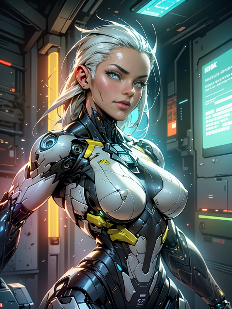 Cinematic, hyper-detailed, and insanely detailed, this artwork captures the essence of a bald hairless muscular female android girl. Beautiful color grading, enhancing the overall cinematic feel. Unreal Engine brings her anatomic cybernetic muscle suit to life, appearing even more mesmerizing. With the use of depth of field (DOF), every detail is focused and accentuated, drawing attention to her eyes and the intricate design of the anatomic cybernetic muscle suit . The image resolution is at its peak, utilizing super-resolution technology to ensure every pixel is perfect. Cinematic lighting enhances her aura, while anti-aliasing techniques like FXAA and TXAA keep the edges smooth and clean. Adding realism to the anatomic cybernetic muscle suit, RTX technology enables ray tracing. Additionally, SSAO (Screen Space Ambient Occlusion) gives depth and realism to the scene, the girl's anatomic cybernetic muscle suit become even more convincing. In the post-processing and post-production stages, tone mapping enhances the colors, creating a captivating visual experience. The integration of CGI (Computer-Generated Imagery) and VFX (Visual Effect brings out the anatomic cybernetic muscle suit's intricate features in a seamless manner. SFX (Sound Effects) complement the visual artistry, immersing the viewer further into this fantastic world. The level of detail is awe-inspiring, with intricate elements meticulously crafted, the artwork hyper maximalist and hyper-realistic. Volumetric effects add depth and dimension, and the photorealism is unparalleled. The image is rendered in 8K resolution, ensuring super-detailed visuals. The volumetric lightning adds a touch of magic, highlighting her beauty and the aura of her anatomic cybernetic muscle suit in an otherworldly way. High Dynamic Range (HDR) technology makes the colors pop, adding richness to the overall composition. Ultimately, this artwork presents an unreal portrayal of a super muscled cybernetic female android