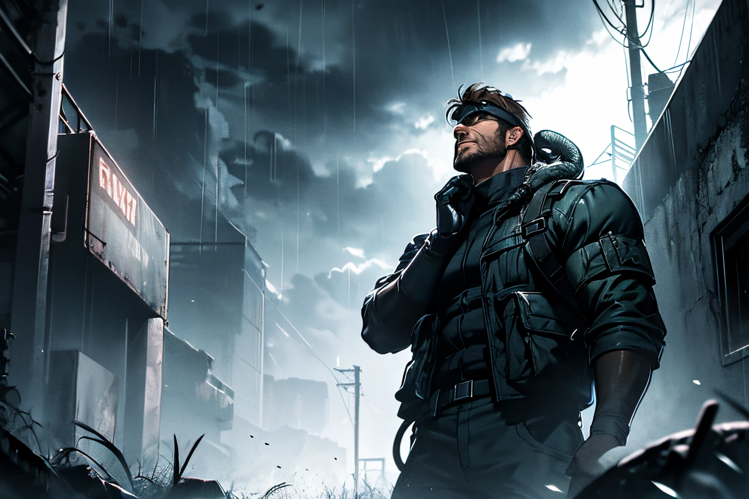 big Boss, Venon snake looking up to raining sky, Dark atmosphere, sad, rining, rifle on waist