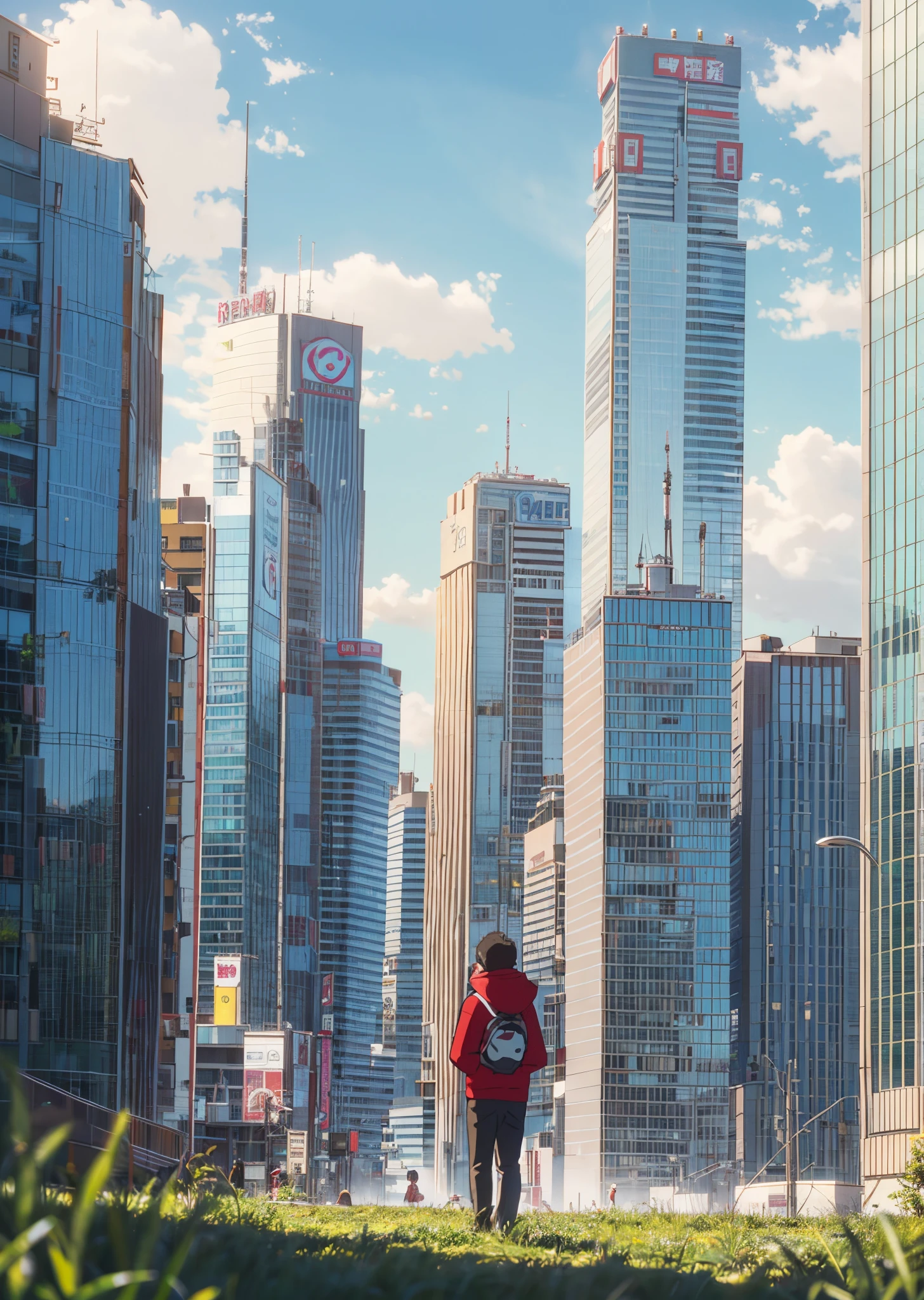 Baymax holding a boy in hoodie in a field of grass, cinematic, skyscrapers, carrying a man to the hospital --auto --s2