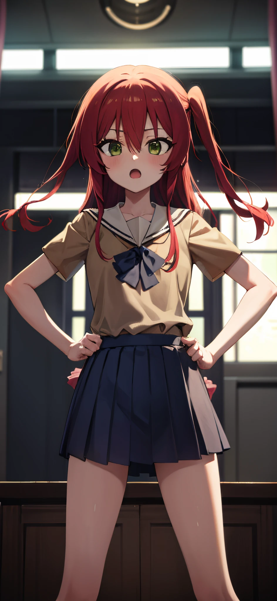 kitaikuyo, ikuyo kita, (green eyes:1.5), hair between eyes, long hair, one side up, red hair, (flat chest:1.2),
BREAK black footwear, black skirt, grey sailor collar, pleated skirt, sailor collar, school uniform, shoes, short sleeves, shuka high school uniform, skirt,,
BREAK looking at viewer,
BREAK indoors, classroom,
BREAK (masterpiece:1.2), best quality, high resolution, unity 8k wallpaper, (illustration:0.8), (beautiful detailed eyes:1.6), extremely detailed face, perfect lighting, extremely detailed CG, (perfect hands, perfect anatomy),up chest..Sad face.open mouth.put hands on the hip.Clench your fists