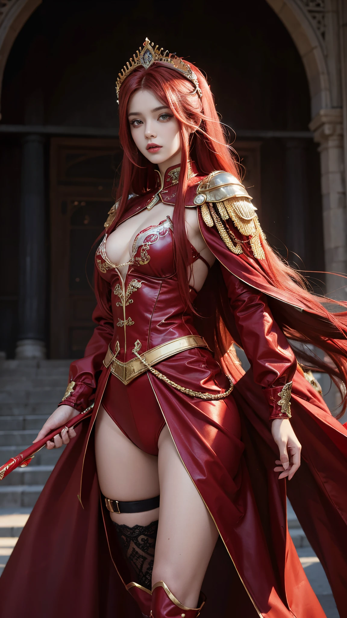 model shoot, (1 girl), long hair, red hair, Islamic warrior, red outfit, laces, shining:1.5, hyper realistic, super detailed, Dynamic shot, masterpiece, scene sharp détails, perfect eyes, perfect skin, perfect hands, attractive poses,