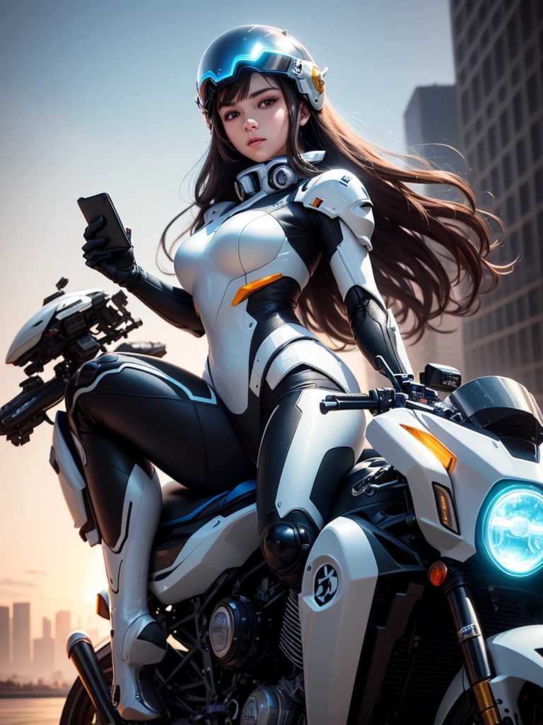 Highest image quality, outstanding details, ultra-high resolution, (realism: 1.4), the best illustration, favor details, highly condensed 1girl, with a delicate and beautiful face, dressed in a black and blue mecha, wearing a mecha helmet, holding a directional controller, riding on a motorcycle, the background is a high-tech lighting scene of the future city.