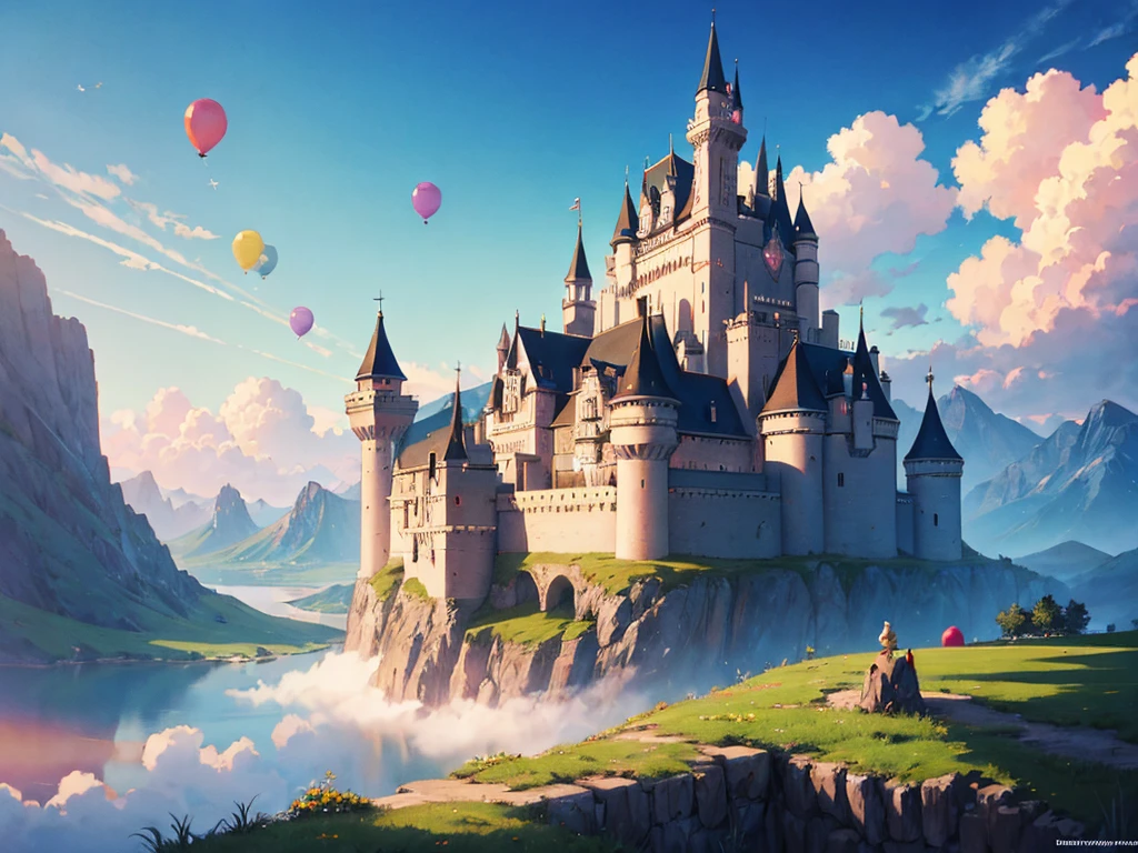 Many balloons are flying over the mountain where the castle is located, fantasy matte painting，Cute, fantasy landscape painting, colorful anime movie background, fantasy art landscape, Floating area in the clouds, colorfull digital fantasy art, colorful concept art, detailed fantasy digital art, a beautiful artwork illustration, Dreamy Matte Painting, matte painting in fantasy style, 4K highly detailed digital art、Luxurious medieval castle