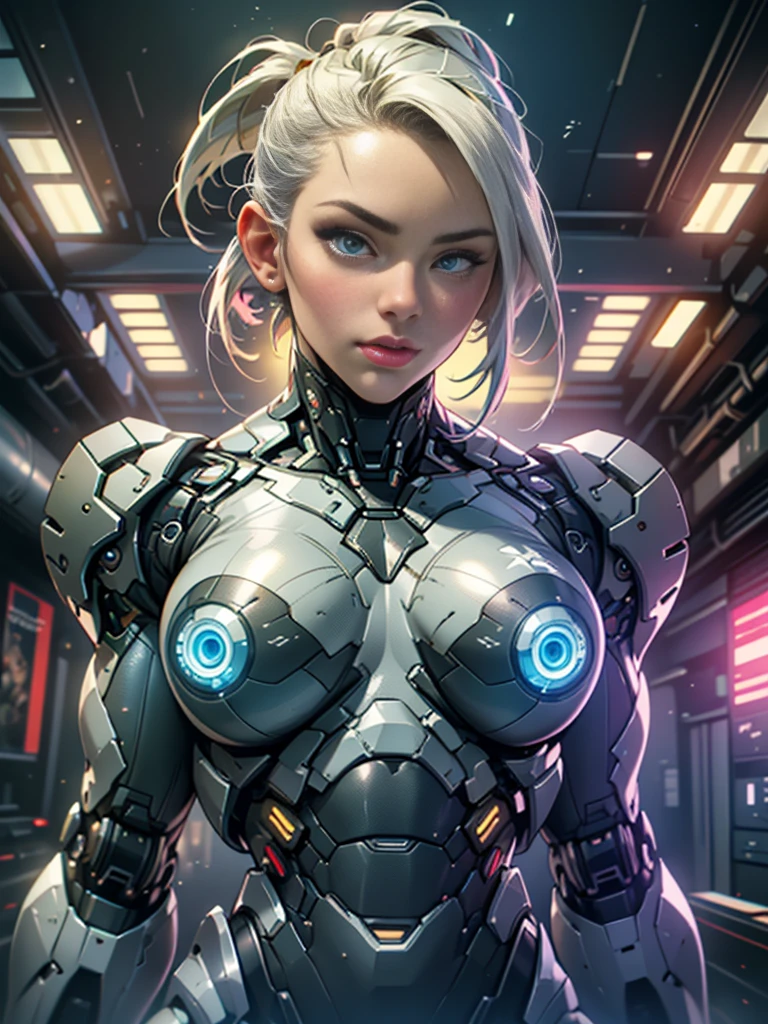 Cinematic, hyper-detailed, and insanely detailed, this artwork captures the essence of a bald hairless muscular female android girl. Beautiful color grading, enhancing the overall cinematic feel. Unreal Engine brings her anatomic cybernetic muscle suit to life, appearing even more mesmerizing. With the use of depth of field (DOF), every detail is focused and accentuated, drawing attention to her eyes and the intricate design of the anatomic cybernetic muscle suit . The image resolution is at its peak, utilizing super-resolution technology to ensure every pixel is perfect. Cinematic lighting enhances her aura, while anti-aliasing techniques like FXAA and TXAA keep the edges smooth and clean. Adding realism to the anatomic cybernetic muscle suit, RTX technology enables ray tracing. Additionally, SSAO (Screen Space Ambient Occlusion) gives depth and realism to the scene, the girl's anatomic cybernetic muscle suit become even more convincing. In the post-processing and post-production stages, tone mapping enhances the colors, creating a captivating visual experience. The integration of CGI (Computer-Generated Imagery) and VFX (Visual Effect brings out the anatomic cybernetic muscle suit's intricate features in a seamless manner. SFX (Sound Effects) complement the visual artistry, immersing the viewer further into this fantastic world. The level of detail is awe-inspiring, with intricate elements meticulously crafted, the artwork hyper maximalist and hyper-realistic. Volumetric effects add depth and dimension, and the photorealism is unparalleled. The image is rendered in 8K resolution, ensuring super-detailed visuals. The volumetric lightning adds a touch of magic, highlighting her beauty and the aura of her anatomic cybernetic muscle suit in an otherworldly way. High Dynamic Range (HDR) technology makes the colors pop, adding richness to the overall composition. Ultimately, this artwork presents an unreal portrayal of a super muscled cybernetic female android