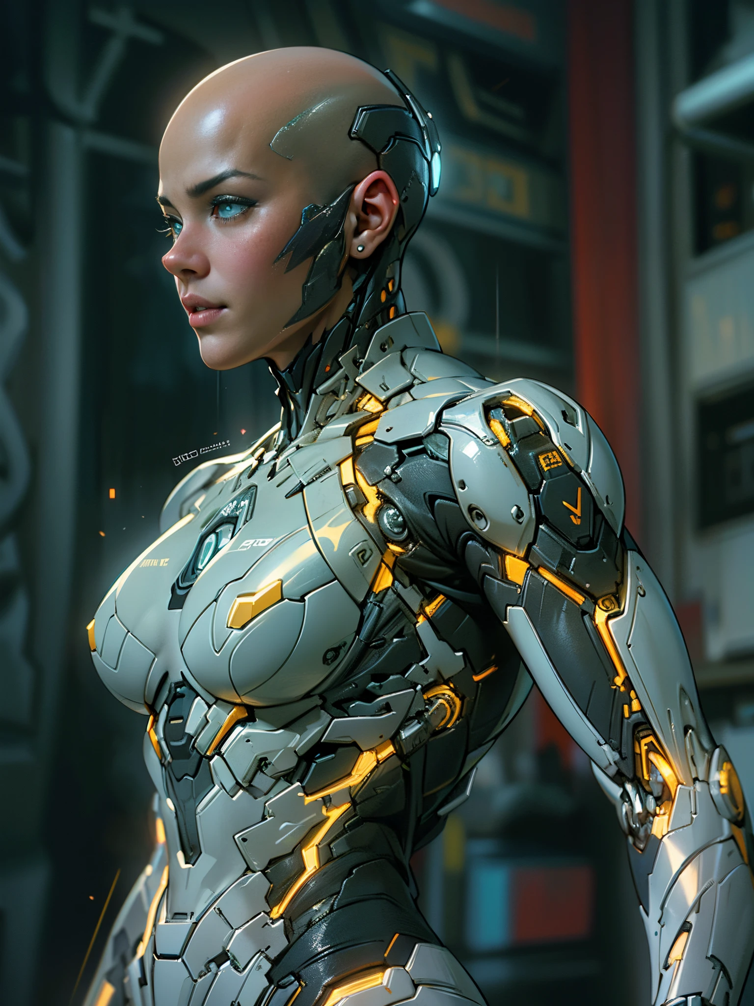 Cinematic, hyper-detailed, and insanely detailed, this artwork captures the essence of a bald hairless muscular female android girl. Beautiful color grading, enhancing the overall cinematic feel. Unreal Engine brings her anatomic cybernetic muscle suit to life, appearing even more mesmerizing. With the use of depth of field (DOF), every detail is focused and accentuated, drawing attention to her eyes and the intricate design of the anatomic cybernetic muscle suit . The image resolution is at its peak, utilizing super-resolution technology to ensure every pixel is perfect. Cinematic lighting enhances her aura, while anti-aliasing techniques like FXAA and TXAA keep the edges smooth and clean. Adding realism to the anatomic cybernetic muscle suit, RTX technology enables ray tracing. Additionally, SSAO (Screen Space Ambient Occlusion) gives depth and realism to the scene, the girl's anatomic cybernetic muscle suit become even more convincing. In the post-processing and post-production stages, tone mapping enhances the colors, creating a captivating visual experience. The integration of CGI (Computer-Generated Imagery) and VFX (Visual Effect brings out the anatomic cybernetic muscle suit's intricate features in a seamless manner. SFX (Sound Effects) complement the visual artistry, immersing the viewer further into this fantastic world. The level of detail is awe-inspiring, with intricate elements meticulously crafted, the artwork hyper maximalist and hyper-realistic. Volumetric effects add depth and dimension, and the photorealism is unparalleled. The image is rendered in 8K resolution, ensuring super-detailed visuals. The volumetric lightning adds a touch of magic, highlighting her beauty and the aura of her anatomic cybernetic muscle suit in an otherworldly way. High Dynamic Range (HDR) technology makes the colors pop, adding richness to the overall composition. Ultimately, this artwork presents an unreal portrayal of a super muscled cybernetic female android