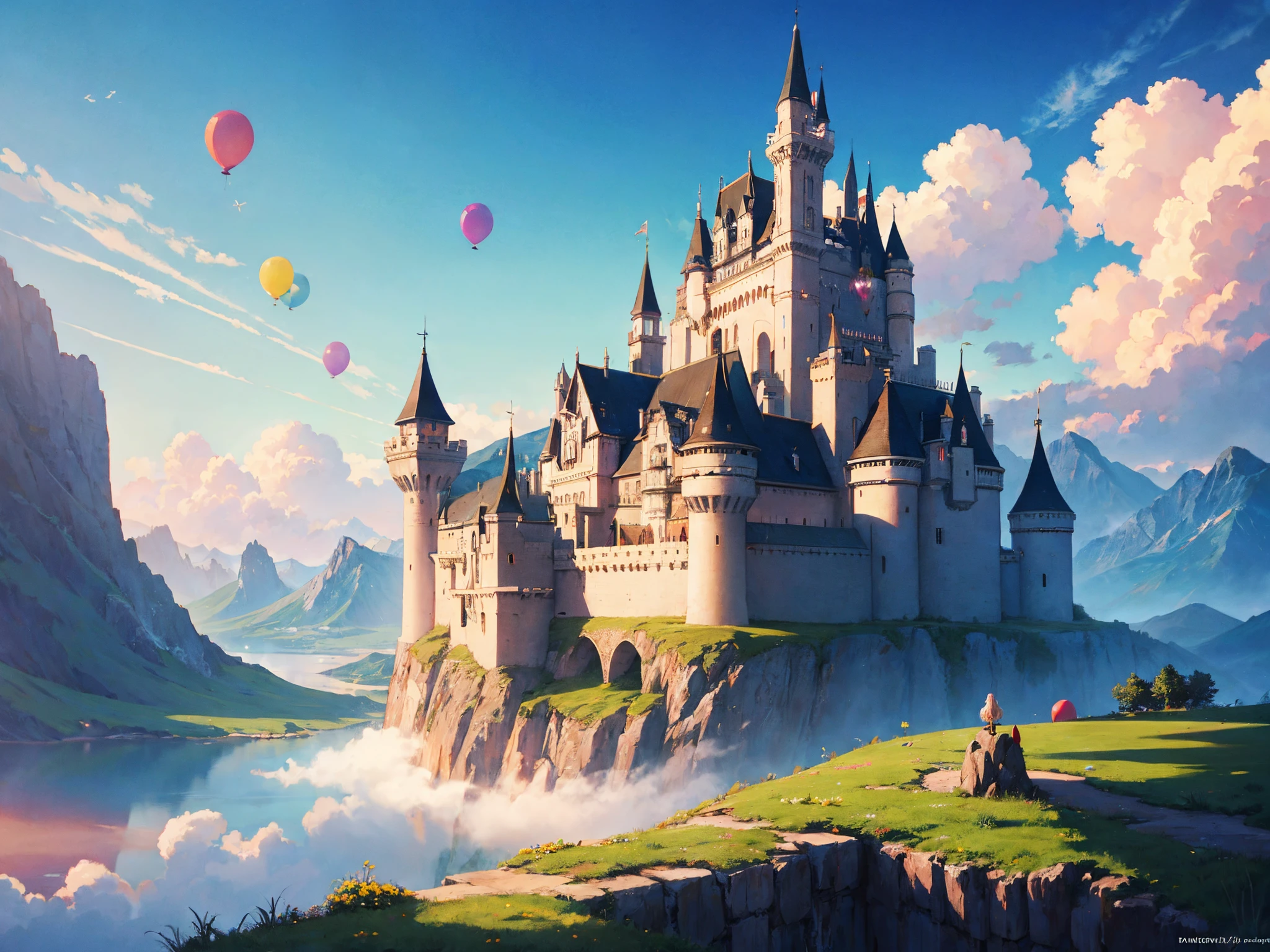 Many balloons are flying over the mountain where the castle is located, fantasy matte painting,Cute, fantasy landscape painting, colorful anime movie background, fantasy art landscape, Floating area in the clouds, colorfull digital fantasy art, colorful concept art, detailed fantasy digital art, a beautiful artwork illustration, Dreamy Matte Painting, matte painting in fantasy style, 4K highly detailed digital art、Luxurious medieval castle
