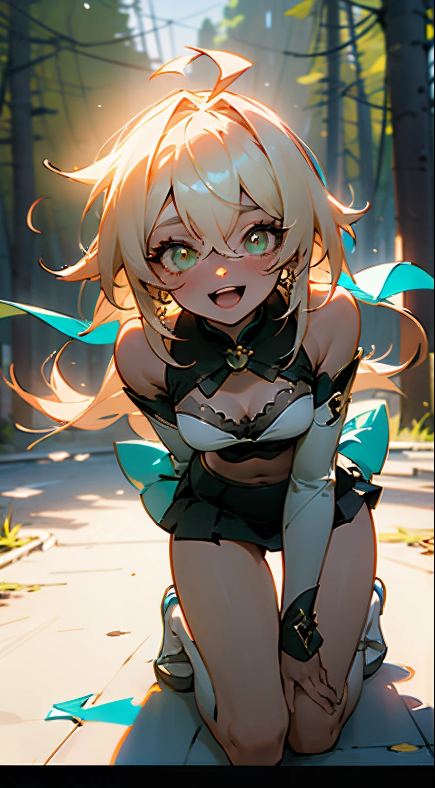 (Young beautiful girl,Super Meticulous,Unity 8k壁纸,Sunglasses):1.3,((masterpiece)),(((Best Quality))),((Ultra-detailed, Best Shadow)),((Illustration)),(Fine and beautiful eyes Beautiful detailed eyes),(Abstract flowers),(the form above),See the viewer,looking through legs,(细致背景,Dark Fantasy), (beautifull detailed face), High contrast, (Best Illumination, extremely delicate and beautiful), ((Cinematic Light)), Colorful, ultra -detail, Dramaticlight, Intricate details,(1girl in), (Ahoge), (Bow), (breasts), (necklac), (鎖骨), (Detached sleeves), (Green eyes), (hair adornments), (Long hair), (See the viewer), (Midriff), (Navel), (Open mouth), (School uniform), (Skirt), (Smile), (solo dance), (thighs thighs thighs thighs),Woman in costume,(Whole human body),Genshin Yura:2.0,痴女,In the forest,Kneel,Look up at you,an ,Kneel before you