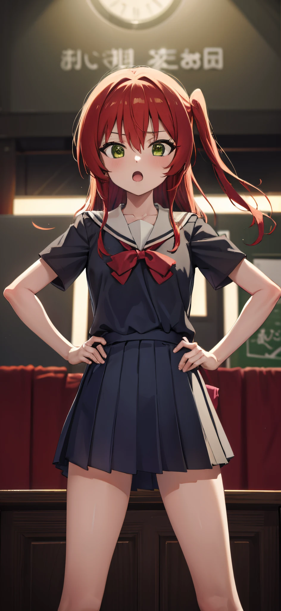 kitaikuyo, ikuyo kita, (green eyes:1.5), hair between eyes, long hair, one side up, red hair, (flat chest:1.2),
BREAK black footwear, black skirt, grey sailor collar, pleated skirt, sailor collar, school uniform, shoes, short sleeves, shuka high school uniform, skirt,,
BREAK looking at viewer,
BREAK indoors, classroom,
BREAK (masterpiece:1.2), best quality, high resolution, unity 8k wallpaper, (illustration:0.8), (beautiful detailed eyes:1.6), extremely detailed face, perfect lighting, extremely detailed CG, (perfect hands, perfect anatomy),up chest.big breasts.Sad face.open mouth.put hands on the hip.Clench your fists