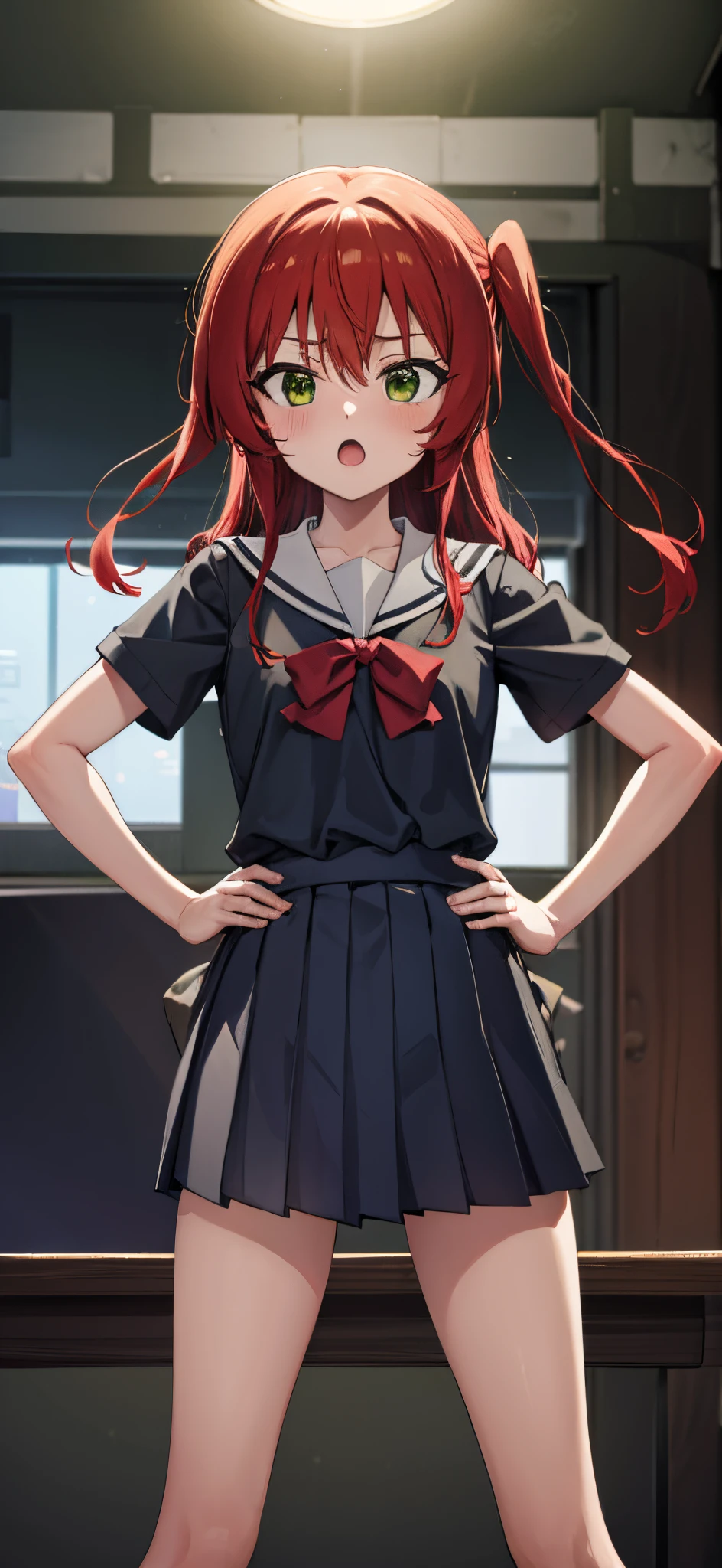 kitaikuyo, ikuyo kita, (green eyes:1.5), hair between eyes, long hair, one side up, red hair, (flat chest:1.2),
BREAK black footwear, black skirt, grey sailor collar, pleated skirt, sailor collar, school uniform, shoes, short sleeves, shuka high school uniform, skirt,,
BREAK looking at viewer,
BREAK indoors, classroom,
BREAK (masterpiece:1.2), best quality, high resolution, unity 8k wallpaper, (illustration:0.8), (beautiful detailed eyes:1.6), extremely detailed face, perfect lighting, extremely detailed CG, (perfect hands, perfect anatomy),up chest.big breasts.Sad face.open mouth.put hands on the hip.Clench your fists