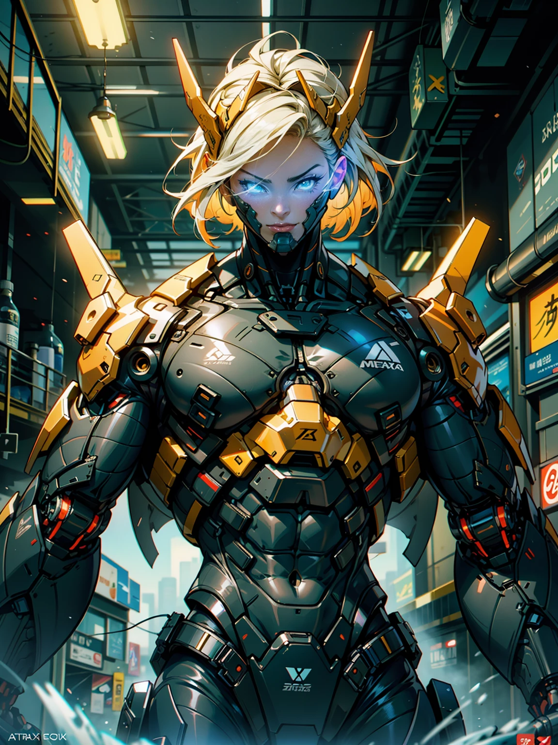 (1girl:1.5), Cinematic, hyper-detailed, and insanely detailed, this artwork captures the essence of a hairless muscular female android girl. Beautiful color grading, enhancing the overall cinematic feel. Unreal Engine brings her anatomic cybernetic muscle suit to life, appearing even more mesmerizing. With the use of depth of field (DOF), every detail is focused and accentuated, drawing attention to her eyes and the intricate design of the anatomic cybernetic muscle suit . The image resolution is at its peak, utilizing super-resolution technology to ensure every pixel is perfect. Cinematic lighting enhances her aura, while anti-aliasing techniques like FXAA and TXAA keep the edges smooth and clean. Adding realism to the anatomic cybernetic muscle suit, RTX technology enables ray tracing. Additionally, SSAO (Screen Space Ambient Occlusion) gives depth and realism to the scene, the girl's anatomic cybernetic muscle suit become even more convincing. In the post-processing and post-production stages, tone mapping enhances the colors, creating a captivating visual experience. The integration of CGI (Computer-Generated Imagery) and VFX (Visual Effect brings out the anatomic cybernetic muscle suit's intricate features in a seamless manner. SFX (Sound Effects) complement the visual artistry, immersing the viewer further into this fantastic world. The level of detail is awe-inspiring, with intricate elements meticulously crafted, the artwork hyper maximalist and hyper-realistic. Volumetric effects add depth and dimension, and the photorealism is unparalleled. The image is rendered in 8K resolution, ensuring super-detailed visuals. The volumetric lightning adds a touch of magic, highlighting her beauty and the aura of her anatomic cybernetic muscle suit in an otherworldly way. High Dynamic Range (HDR) technology makes the colors pop, adding richness to the overall composition. Ultimately, this artwork presents an unreal portrayal of a super muscled cybernetic female android