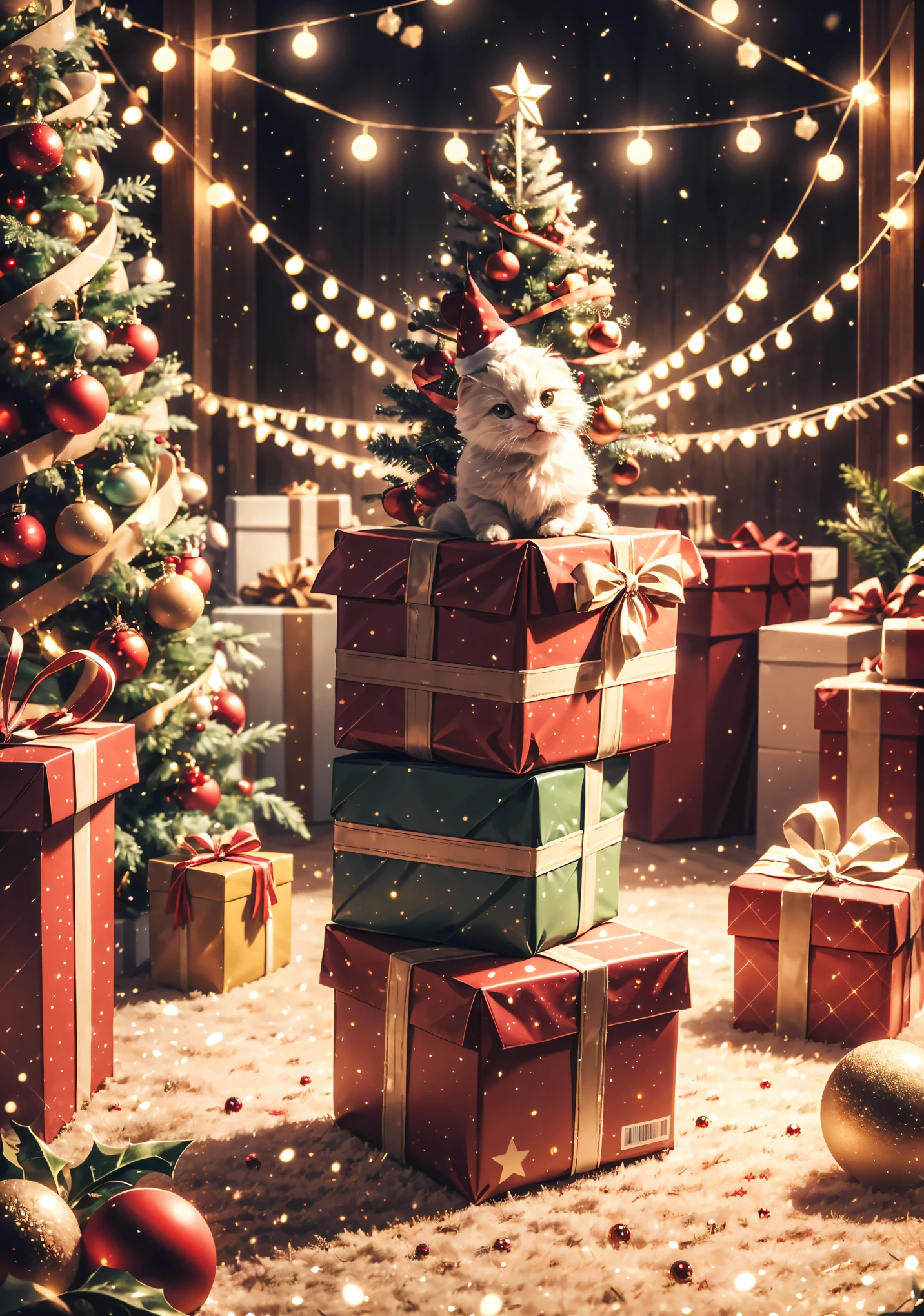 (best quality,4k,8k,highres,masterpiece:1.2),ultra-detailed,realistic,gifts,table,Christmas tree,decorations,wrapping ,bows,ribbon,presents,holiday spirit,vibrant colors,warm lighting,cozy atmosphere,toys,cards,candles,snowflakes,joyful,celebration,exquisite details,exciting surprises,shiny ornaments,sparkling tinsel,beautifully wrapped,excited children,anticipation,festive mood,magical ambiance,delightful moment,wonderful memories,family gathering,cheerful faces,Christmas magic,extravagant,abundance of presents,HDR,UHD,studio lighting,ultra-fine painting,sharp focus,physically-based rendering,professional,vivid colors,bokeh