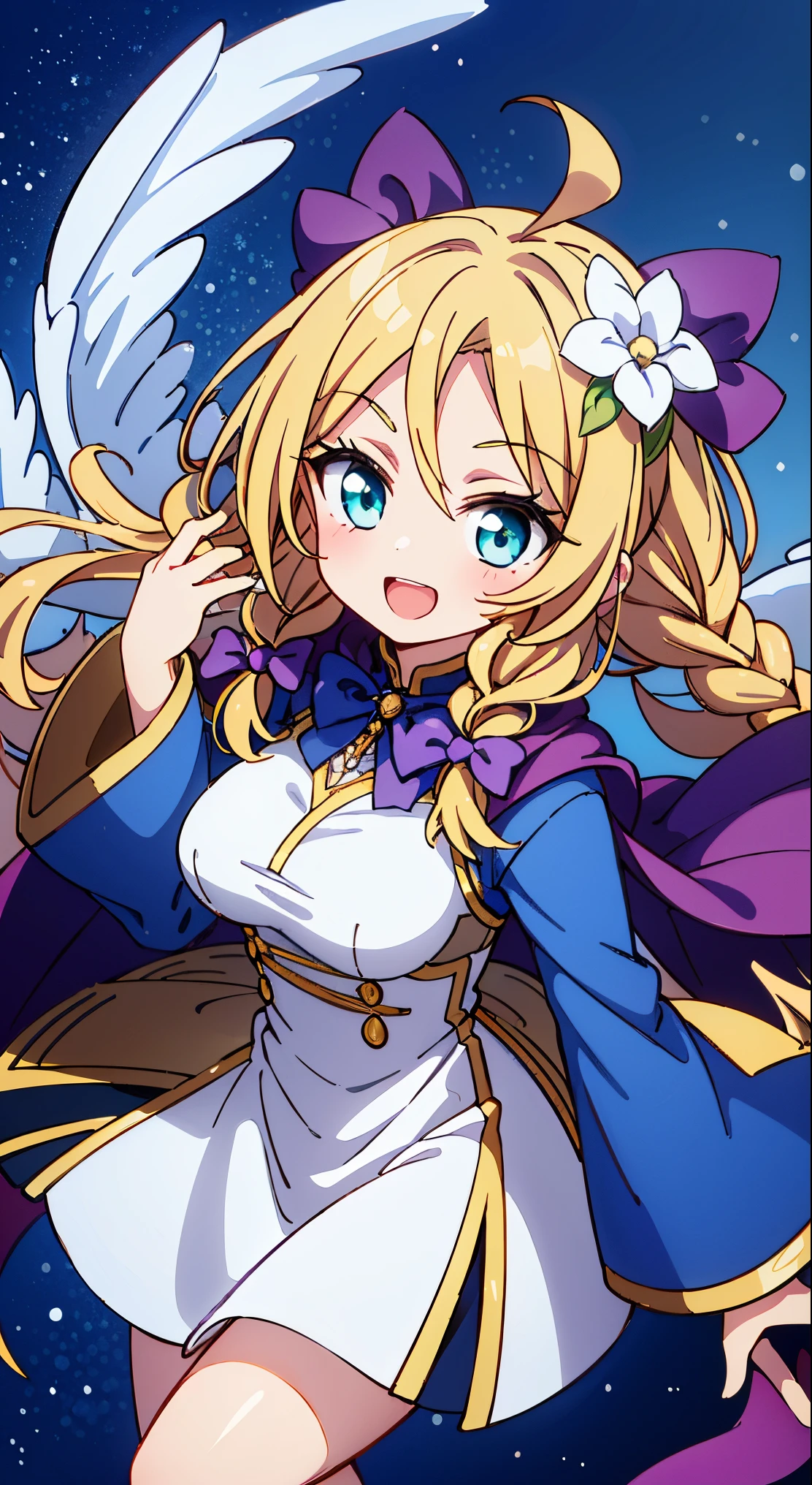 (masutepiece, Transparent air, Transparent eyes,Best Quality, Perfect Anatomy, High quality:1.4), absurderes, absolutely resolution, unbelievable Ridiculous, hight resolution, ultra-detailliert, Official art, Unity 8k壁纸, Kinetic typography,nice hand, Perfect hands, Detailed beautiful hands, Large_filesize, fulcolor, hight resolution, symmetric, exceptional, Best aesthetic, newest, Anime, very beautiful detailed body,The hair,faces,The eye, (chibi,full body:1.6),BREAK, 1 beautiful girl, girl with, (Cute:1.5),(Chibi:0.5), (ultra cute kawaii:1.2),(Lori:2.0),(12 year old girl),(large full breasts:1.65),(Ahoge,Twin braids,Blonde hair, blue bow, Green eyes,eyebrows visible through hair,side locks,Parted bangs,Long hair, Hair Flower, Hair Ornament, Big ribbon in the hair, Curly hair,Bow:1.4),:el,White feathers, one white winged, Angel wings,Spread wings, Glowing wings),pitt \(??? Icarus\),gleaming skin, Clear skin, shining beautiful skin, Open mouth,Smile, Solo, tusk, Upper teeth,(long eyelashes, Double eyelids:1.2),Solo,gleaming skin, Clear skin, Beautiful skin,(best quality face),(Top quality glowing eyes),(The best smile,Doya face:1.45),
BREAK, (gothic cheongsam dress lil skirt),(cloak ribbon),
BREAK,(light novel taste)(Fantasy Sky),(foamy dream),(Vibrant spark sparkling background:1.2),(white pillar background),
Looking Up ,
From above ,depth of fields,
BREAK,wakame,wakame,wakame,(Cowboy Shot:1.4),
BREAK,(Blurry background:1.3),(absurderes, hight resolution, Super Detail Art),cel shading,Clear Color, Lonely optical effect, Beautiful pictures, Bright glow, mystic atmosphere,(Close-up of girl:1.1), Mystical light particle effect,manga influence, clean line drawings,